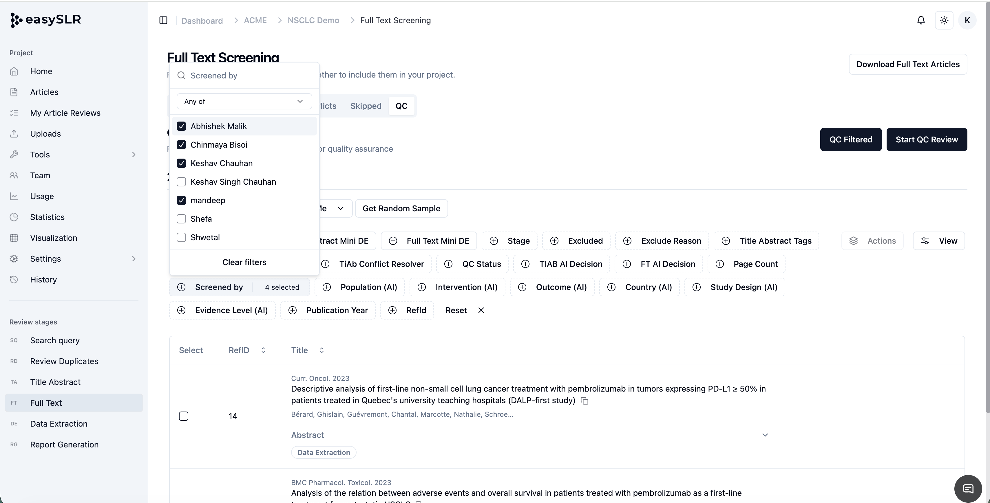 EasySLR full text screening QC filter dropdown showing selected reviewers like Abhishek Malik