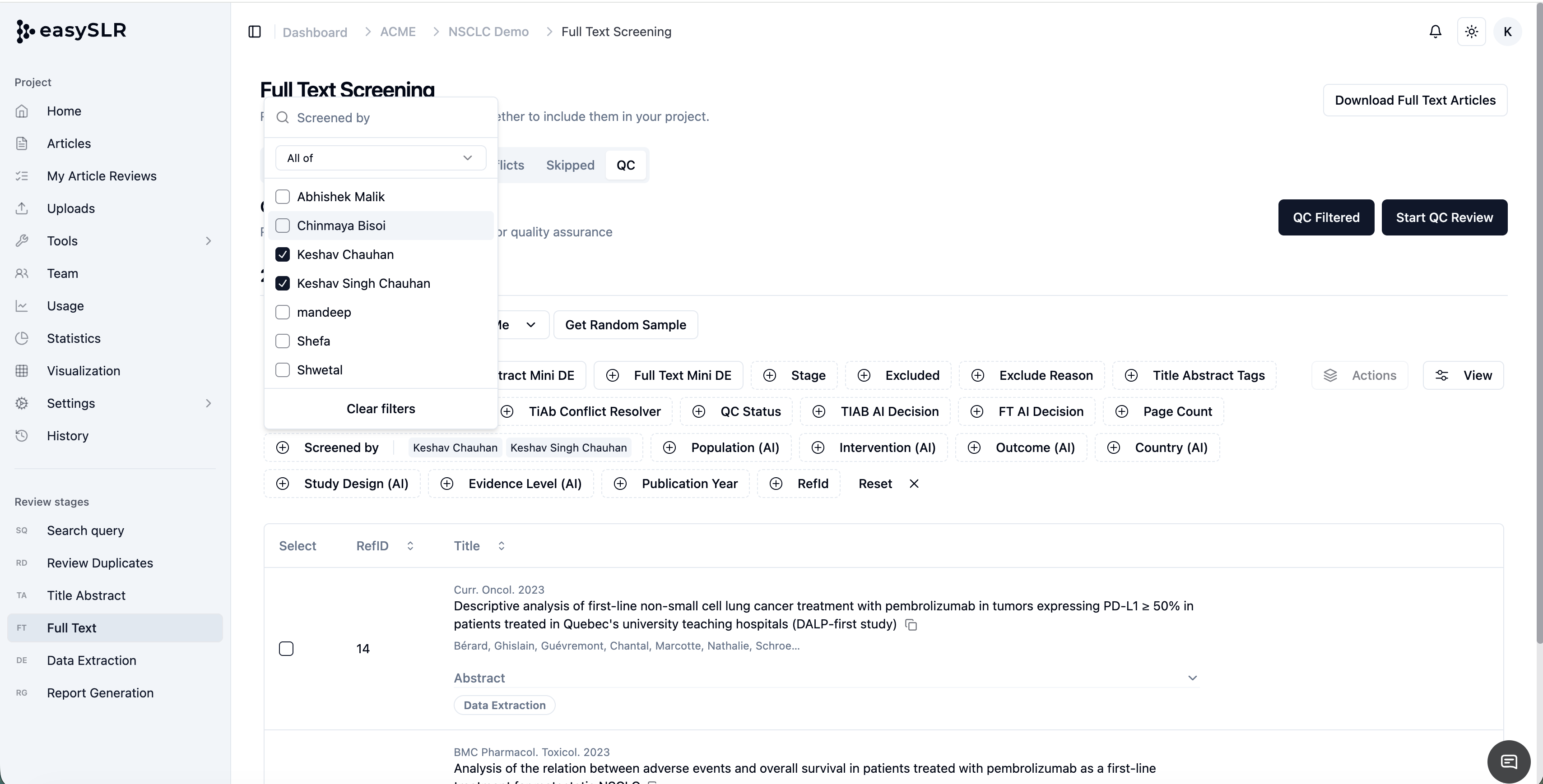 QC tab filter dropdown showing selected reviewers in EasySLR full text screening page