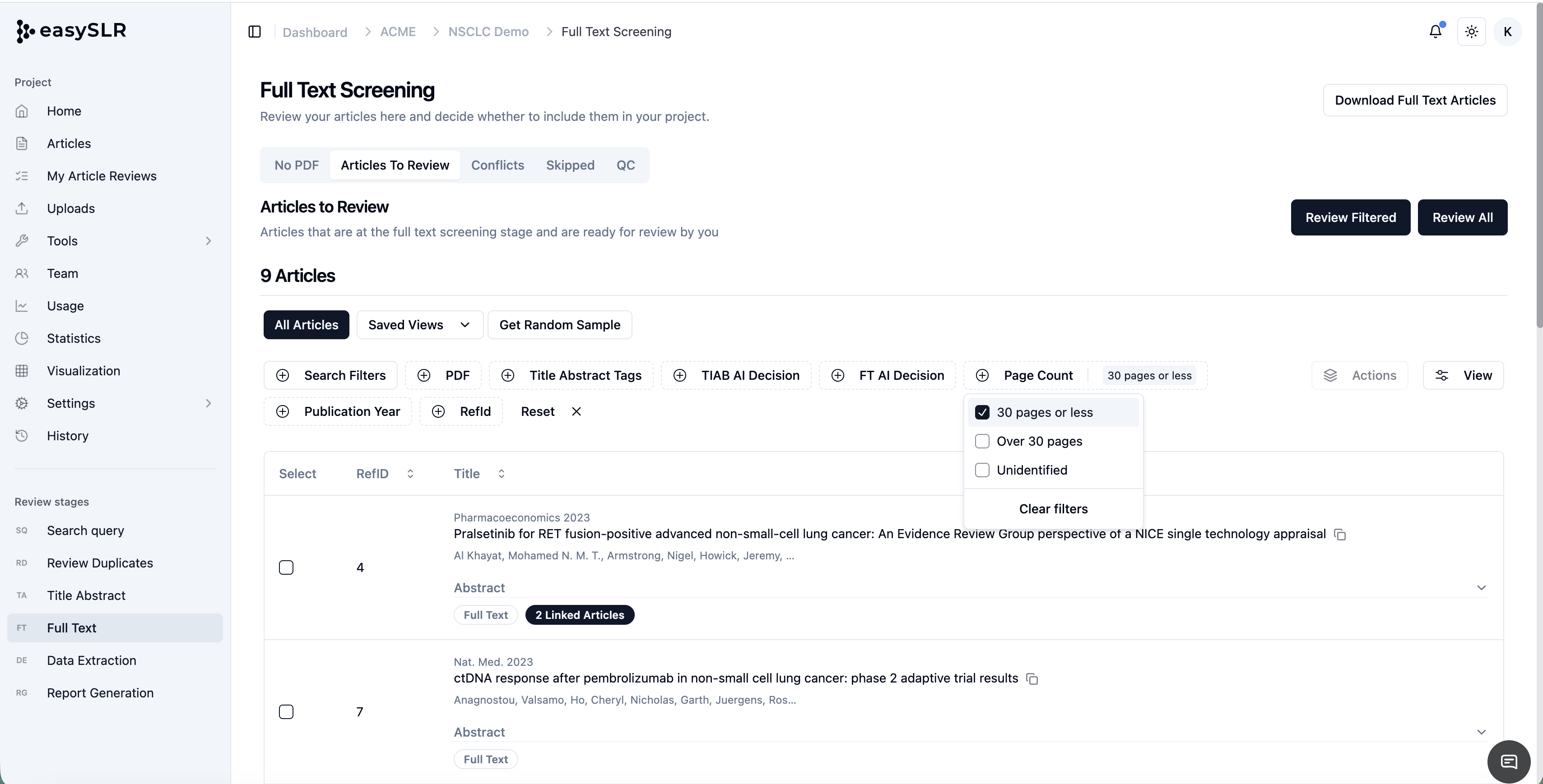 EasySLR Full Text Screening filters dropdown showing PDF page count options