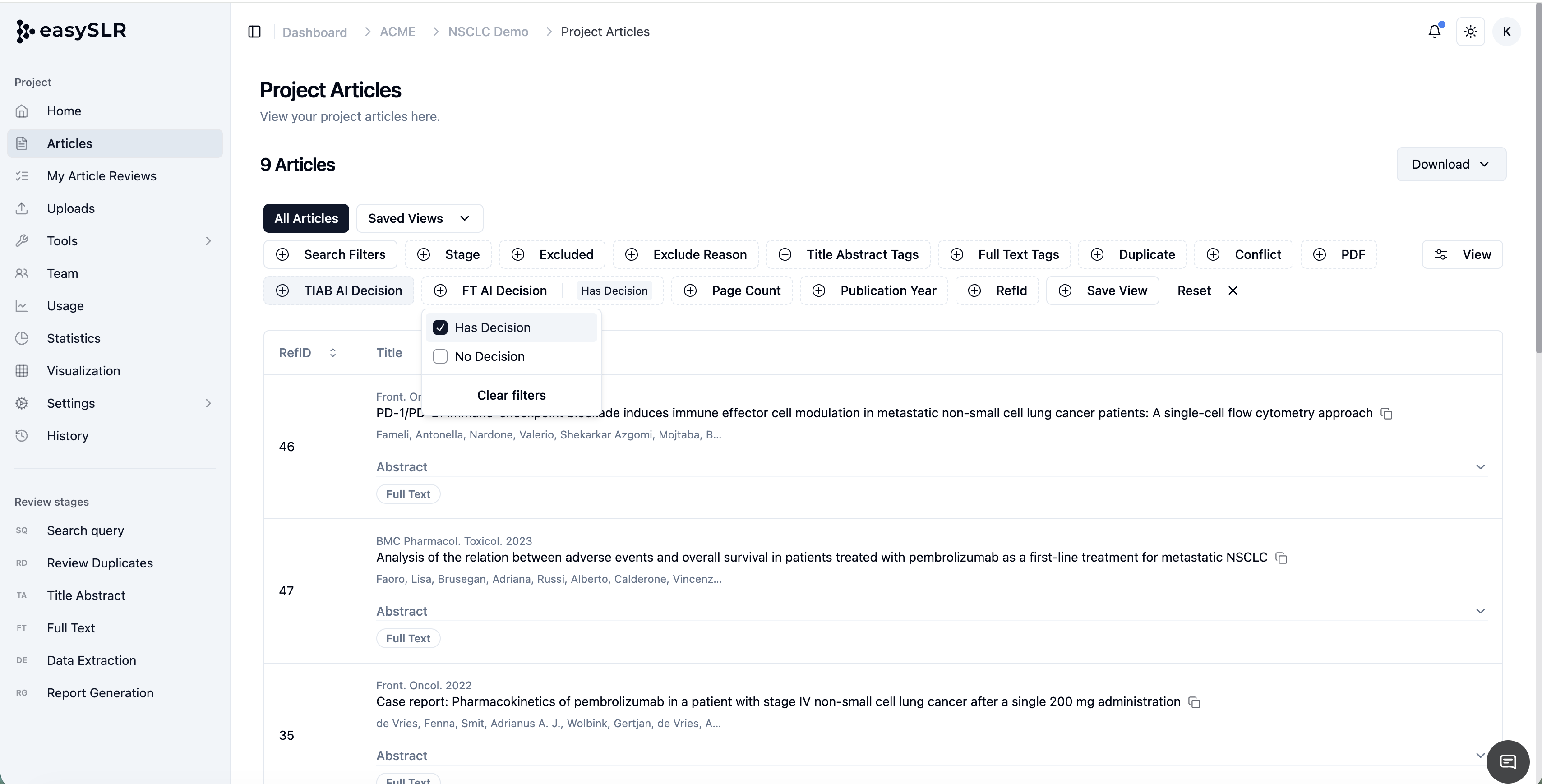 easySLR project articles page with AI decision filter options for title, abstract, and full text screening