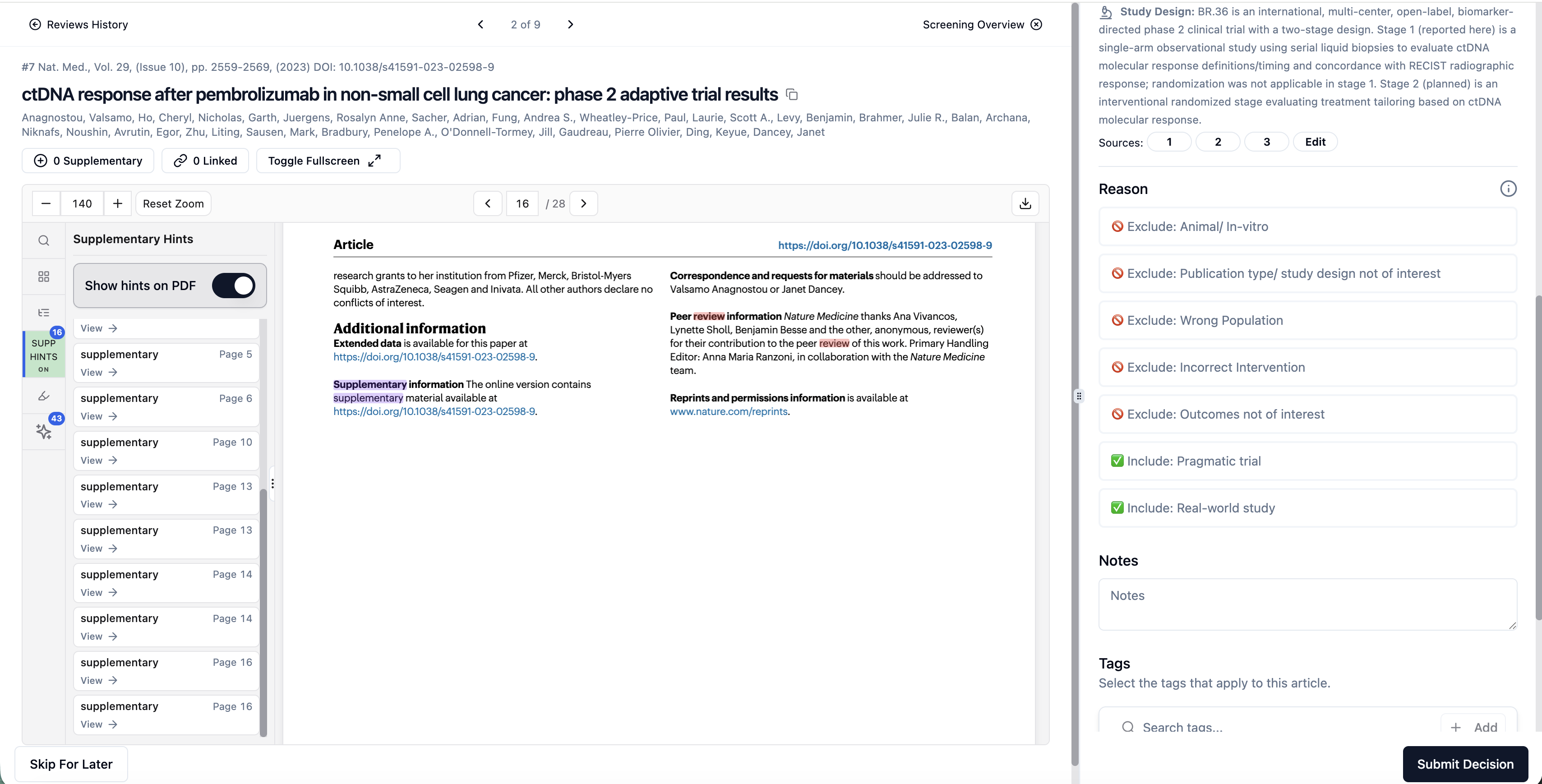 PDF viewer screenshot showing supplementary hints panel toggle and review options