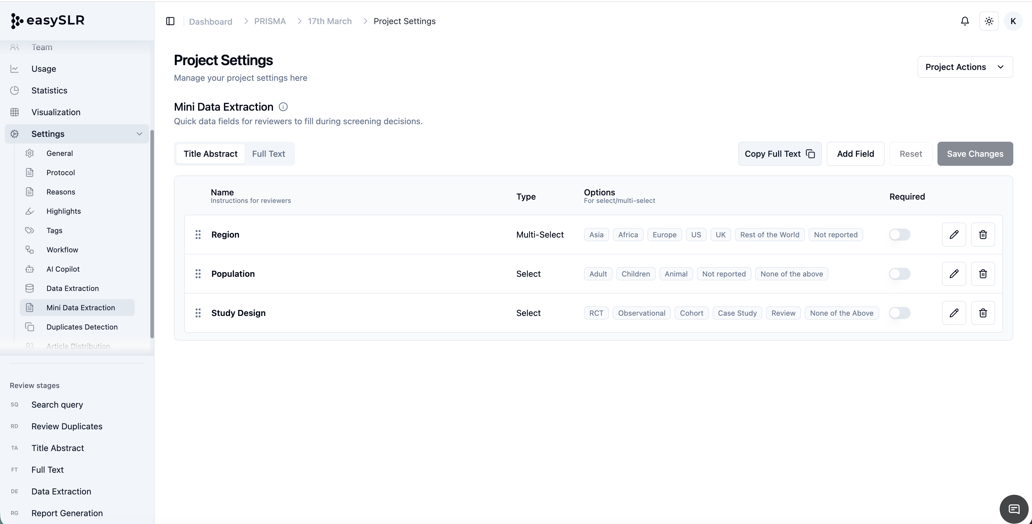 EasySLR Project Settings page showing Mini Data Extraction fields for reviewers
