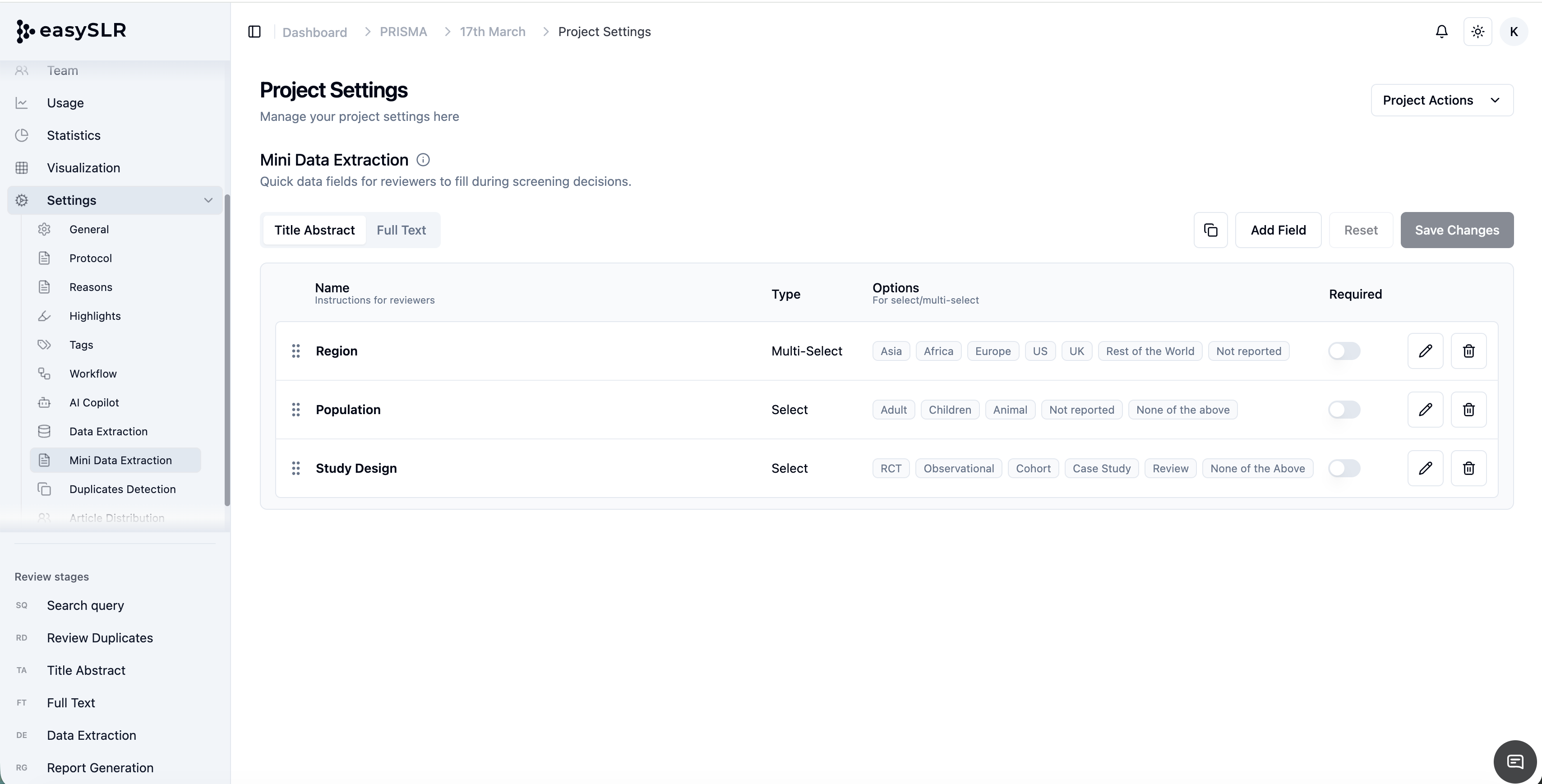 EasySLR project settings page showing mini data extraction form fields and options