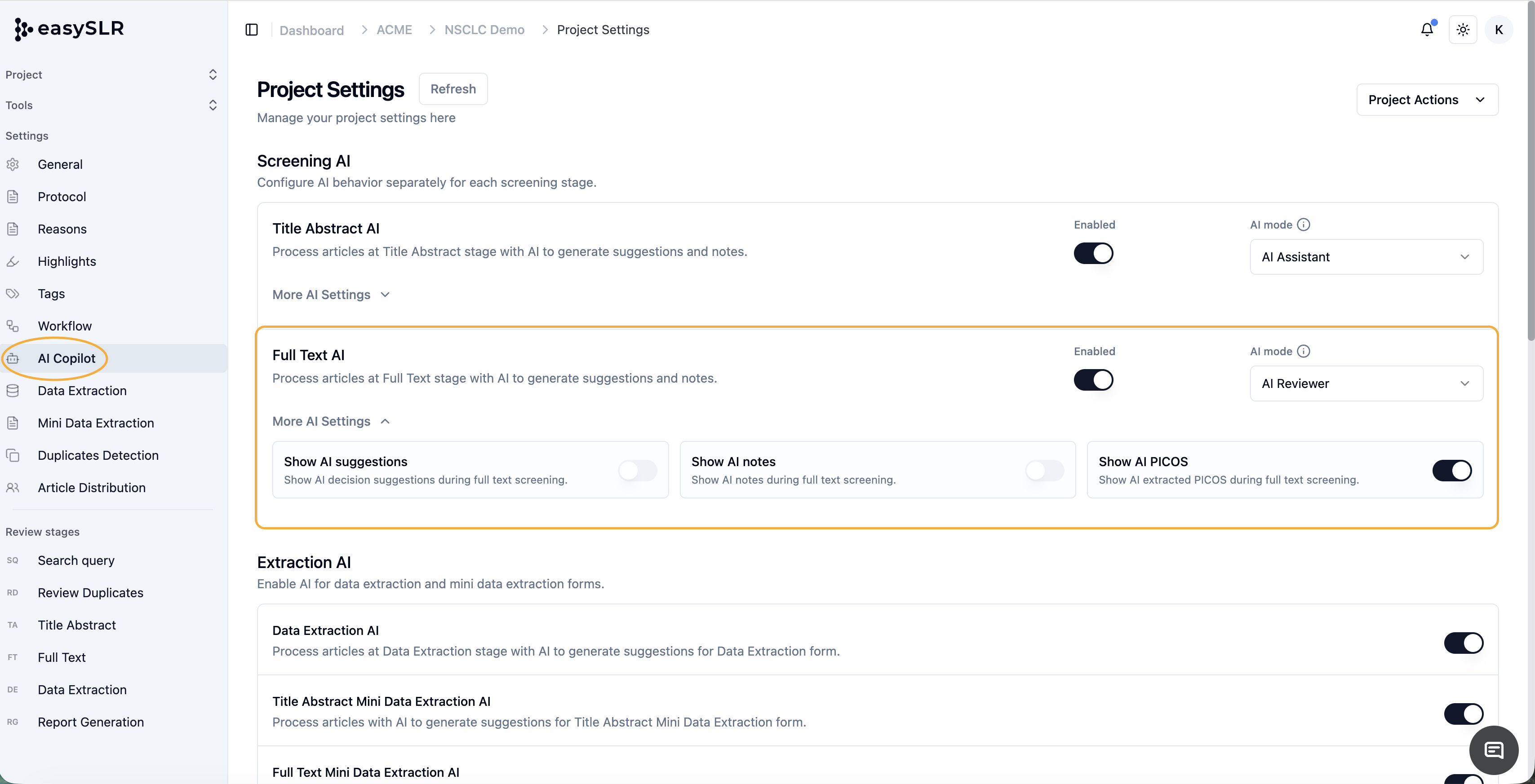 easySLR project settings showing stage-wise AI Copilot enabled with AI Reviewer mode dropdown