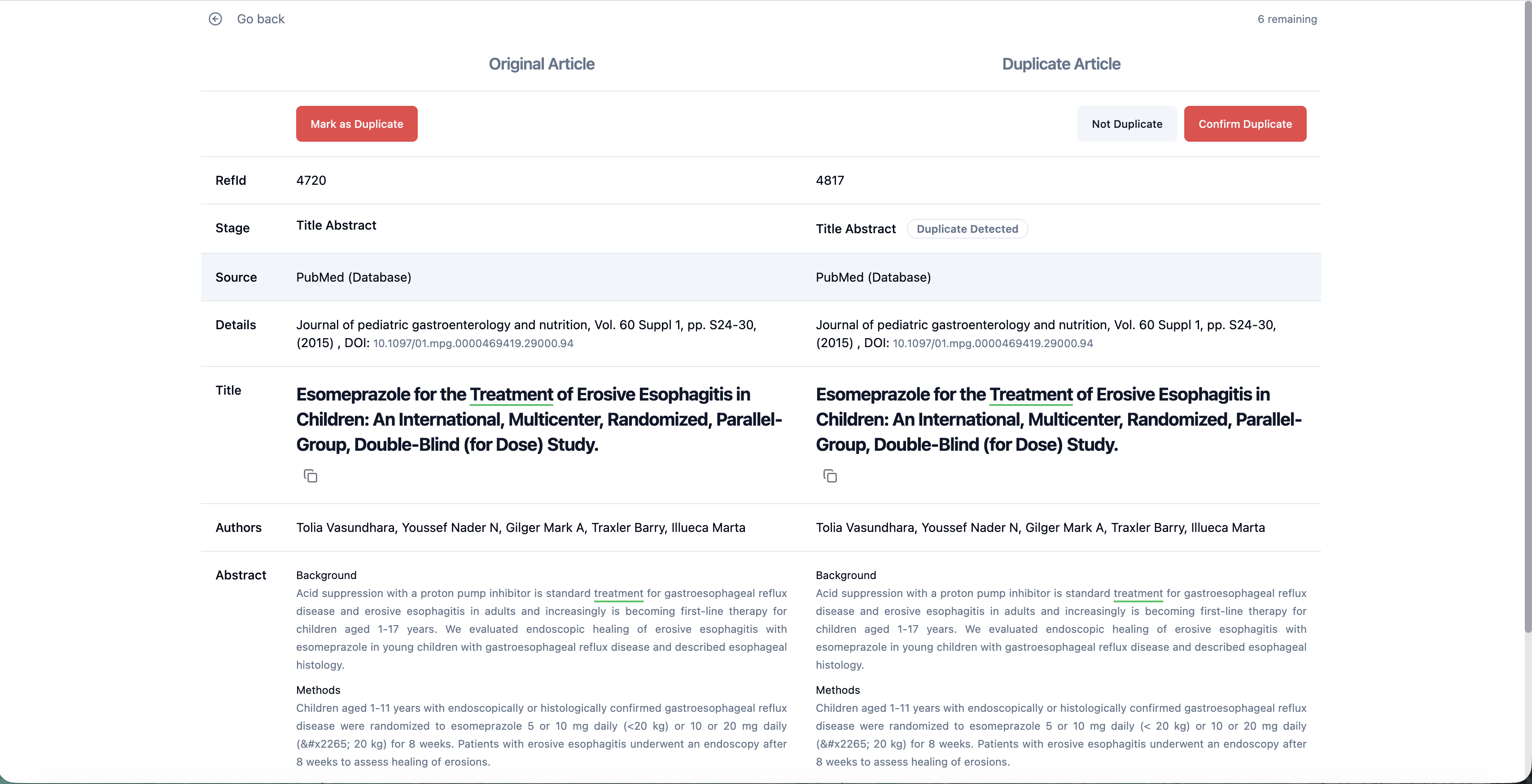 Duplicate screening interface showing original and duplicate article details for source visibility