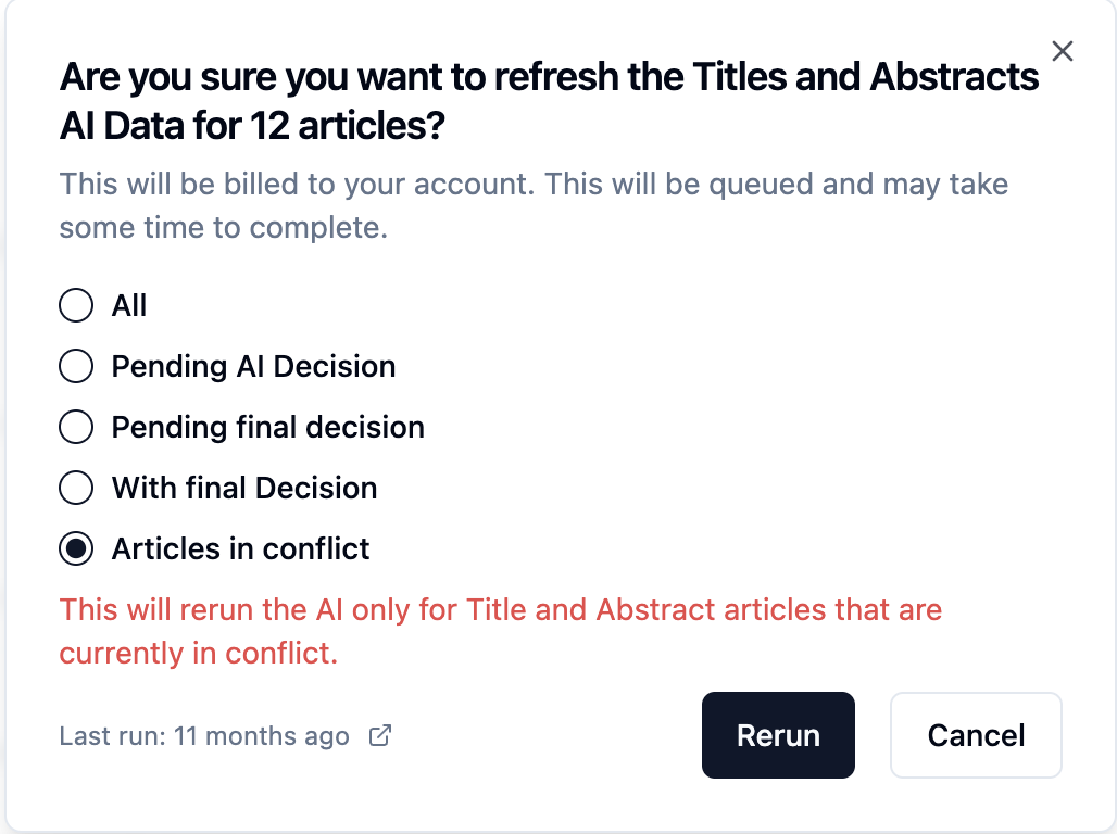 Confirmation dialog to rerun AI titles and abstracts for articles in conflict