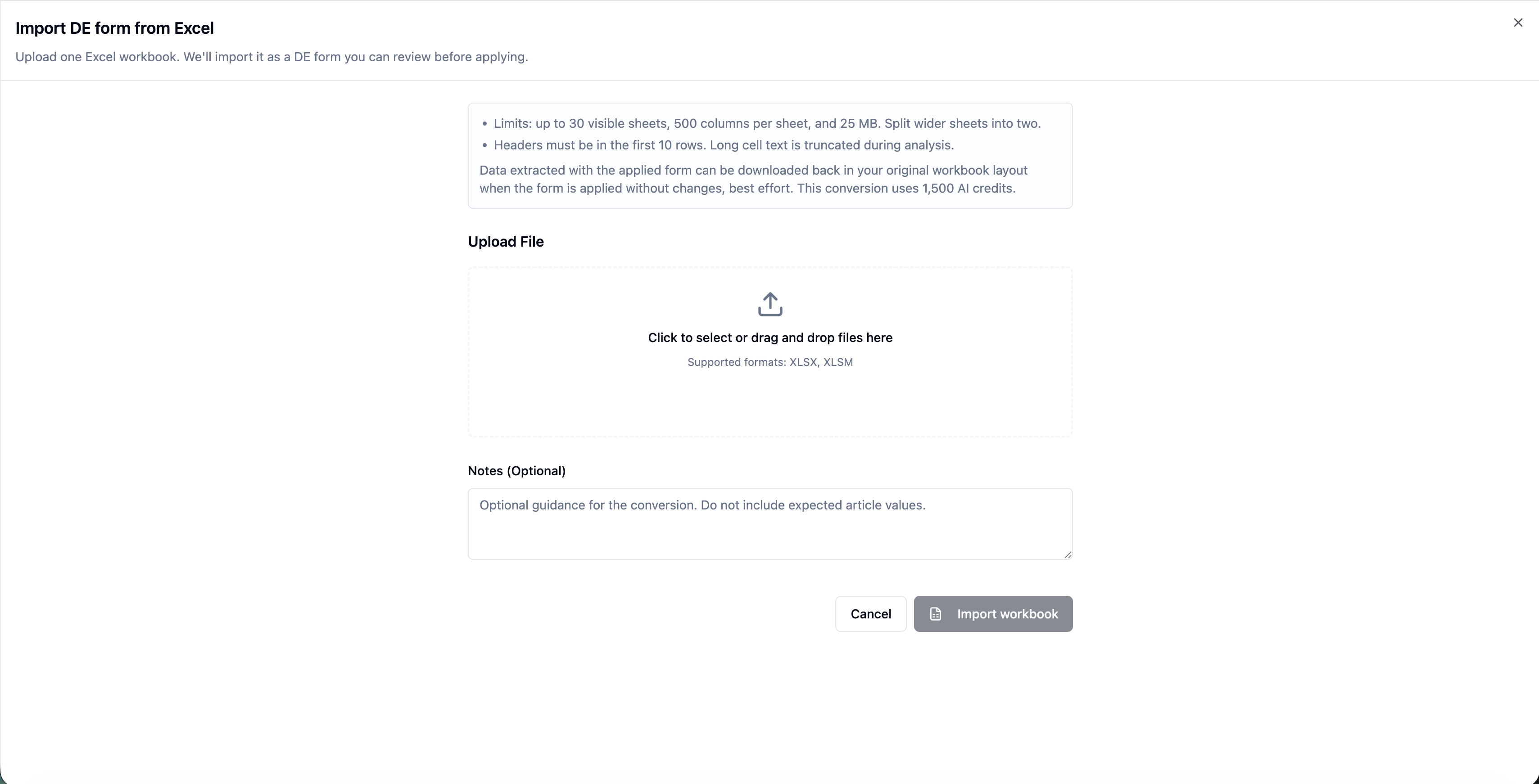 Excel file upload area for AI-powered data extraction form import DE form
