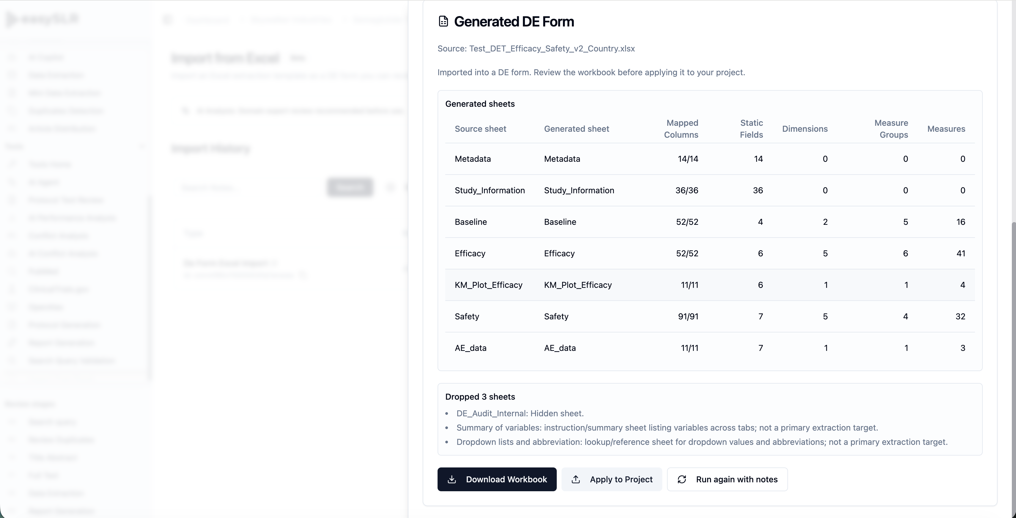 Generated DE form showing mapped columns and sheet import details for AI data extraction