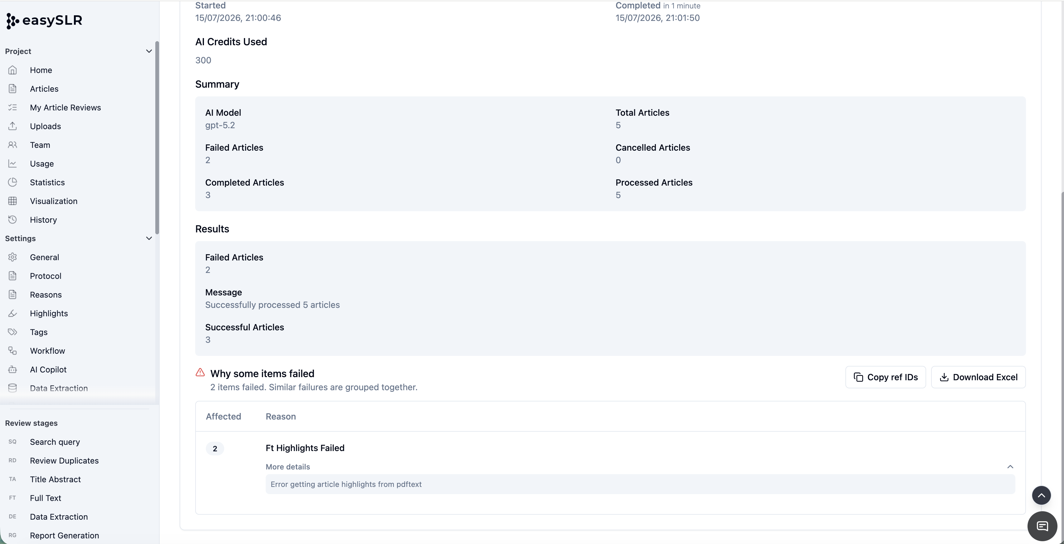 EasySLR background task summary showing AI credits, processed articles, and failed highlights message