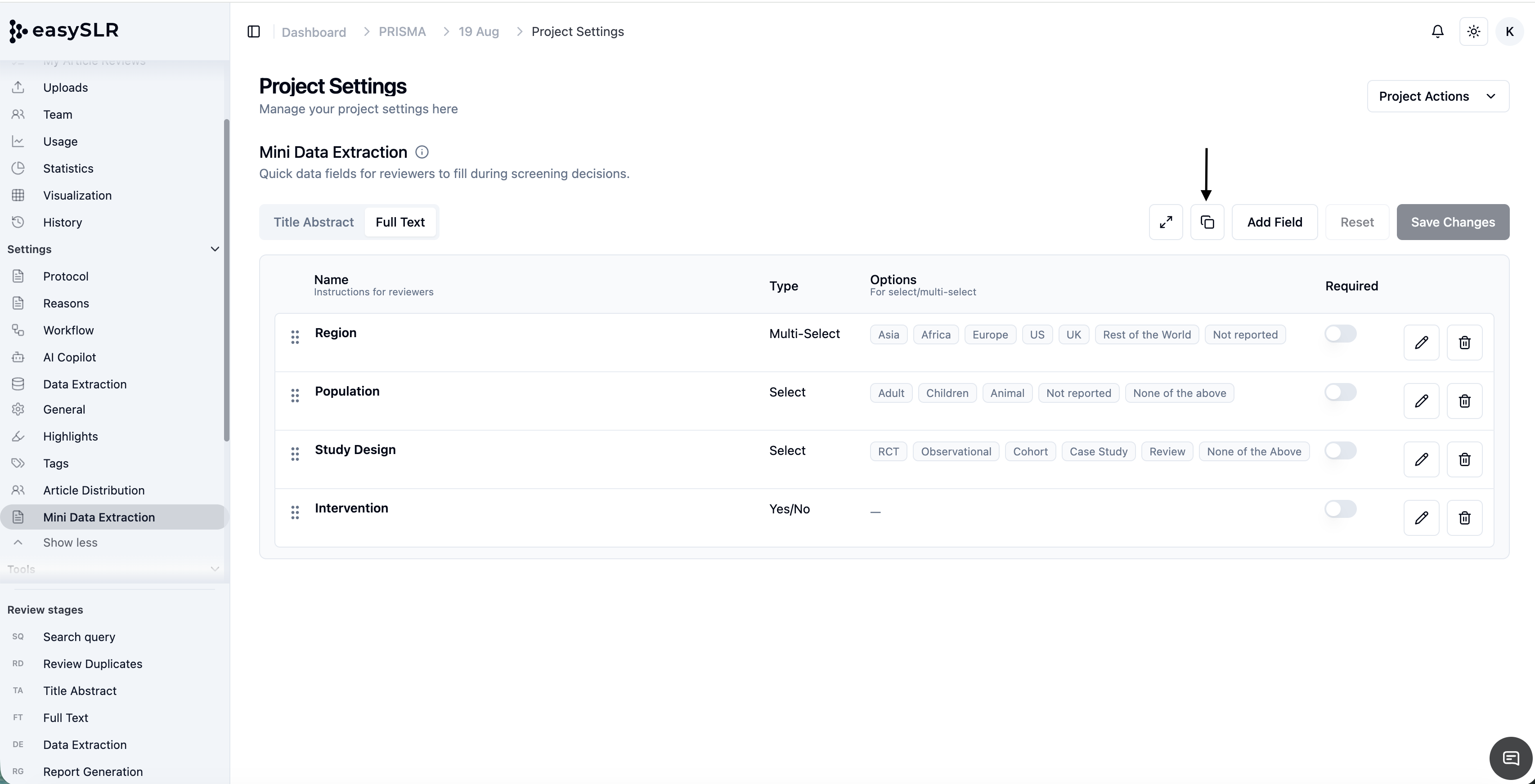 easySLR project settings page with “Mini Data Extraction” toggle and add field buttons