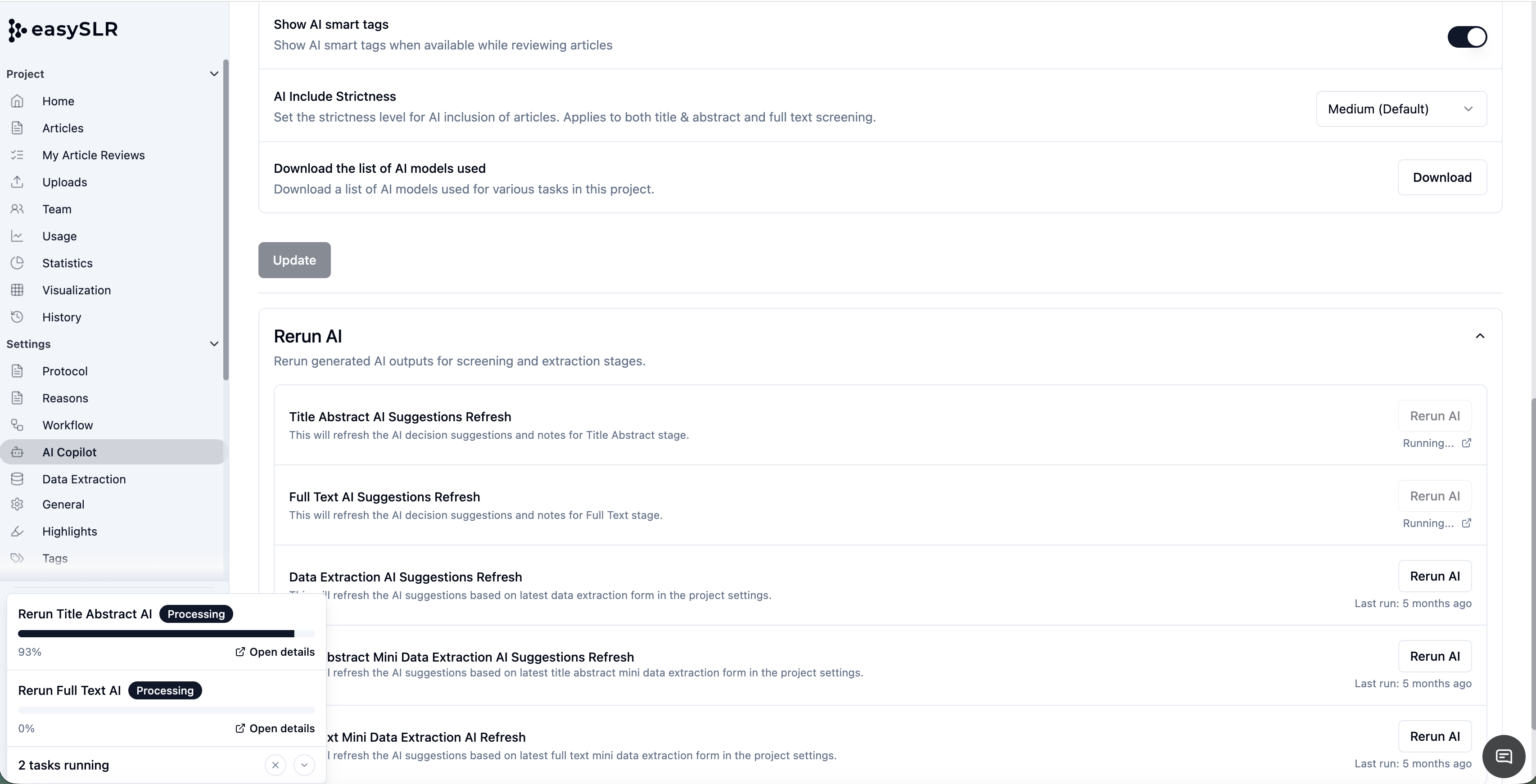 EasySR “Rerun AI” page showing active tasks and processing progress bar