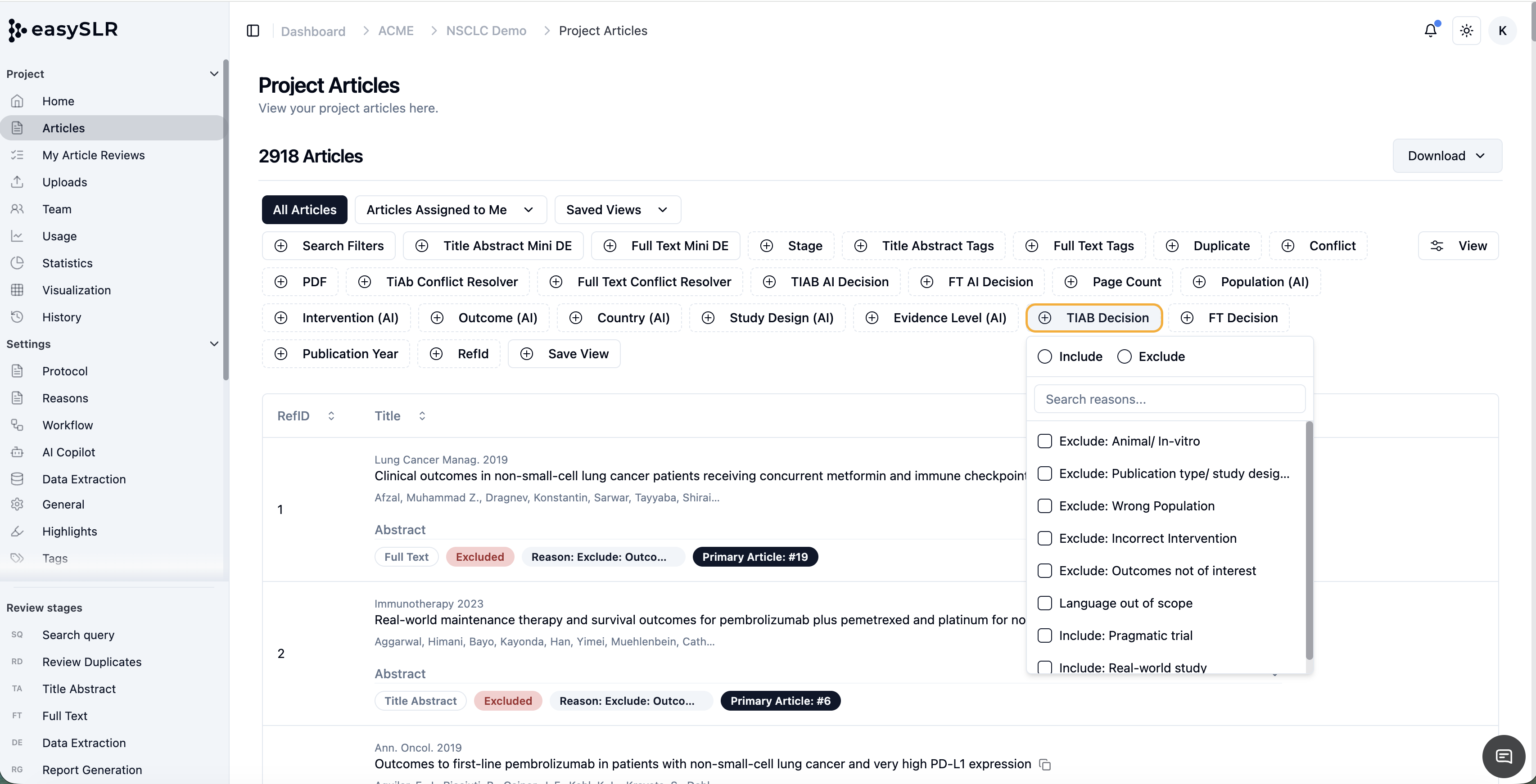 EasySLR project articles page with unified decision filters and “TIAB Decision” options dropdown