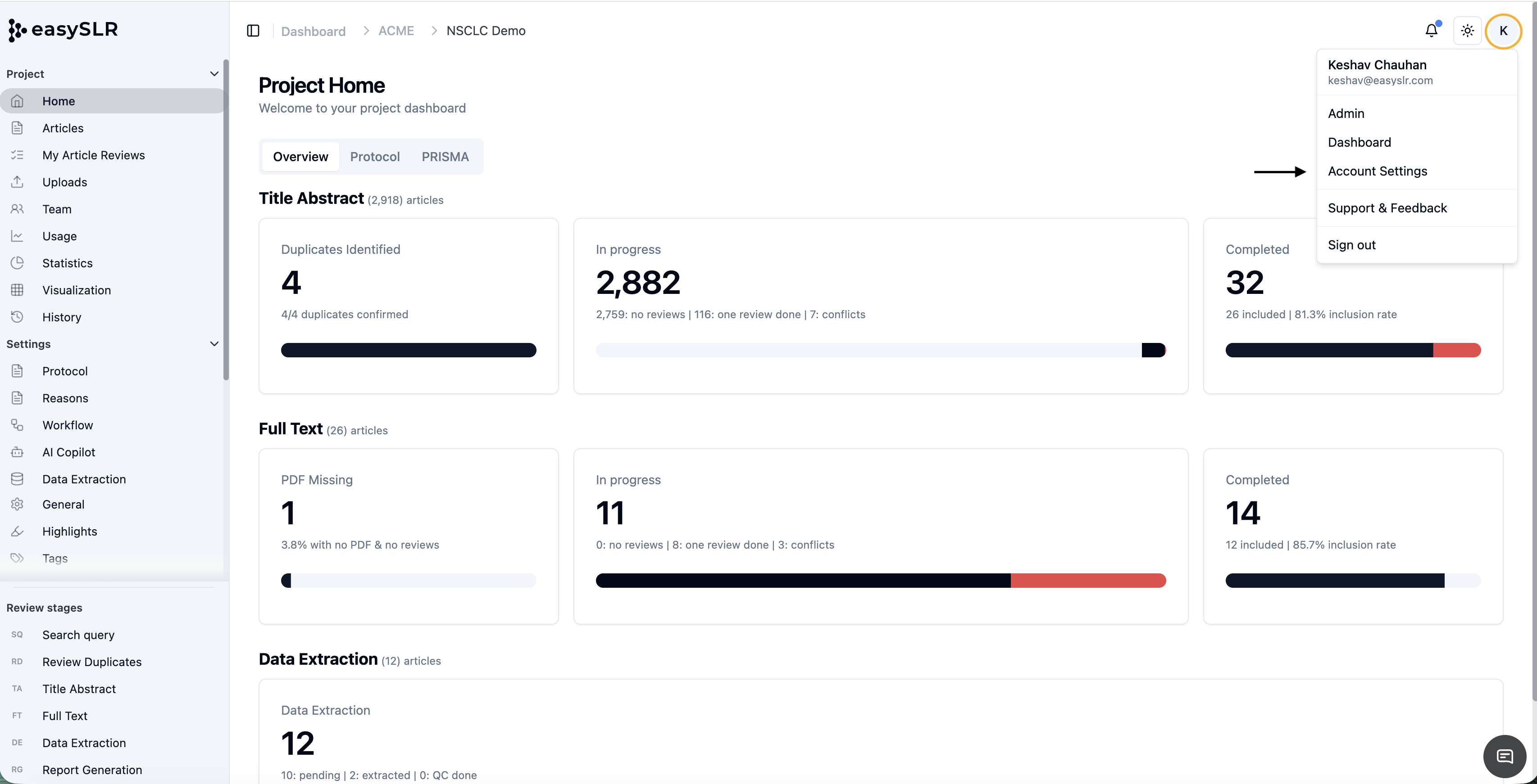 easySLR Account Settings dropdown showing Admin options in Project Home dashboard