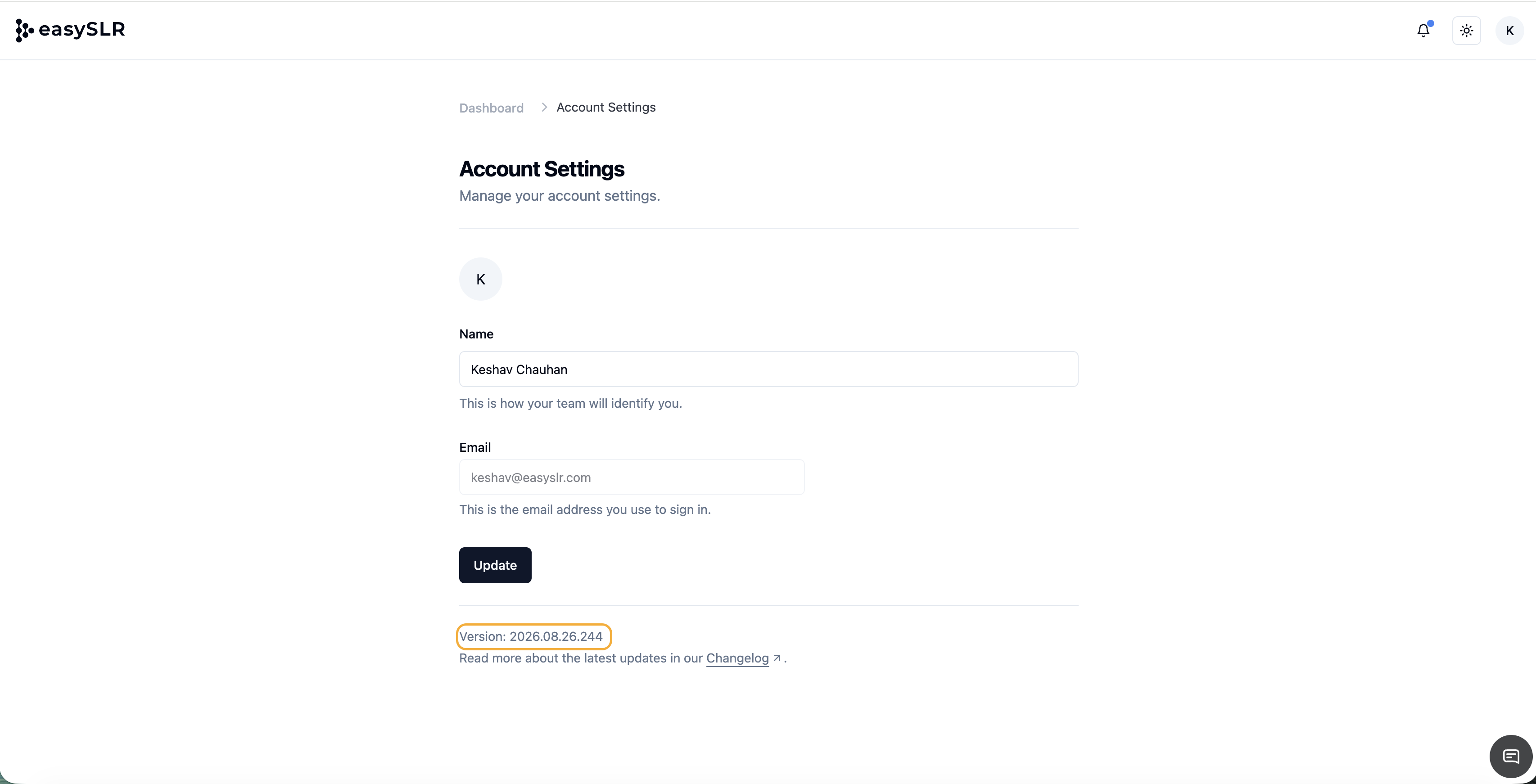 EasySLR Account Settings page showing the application version number
