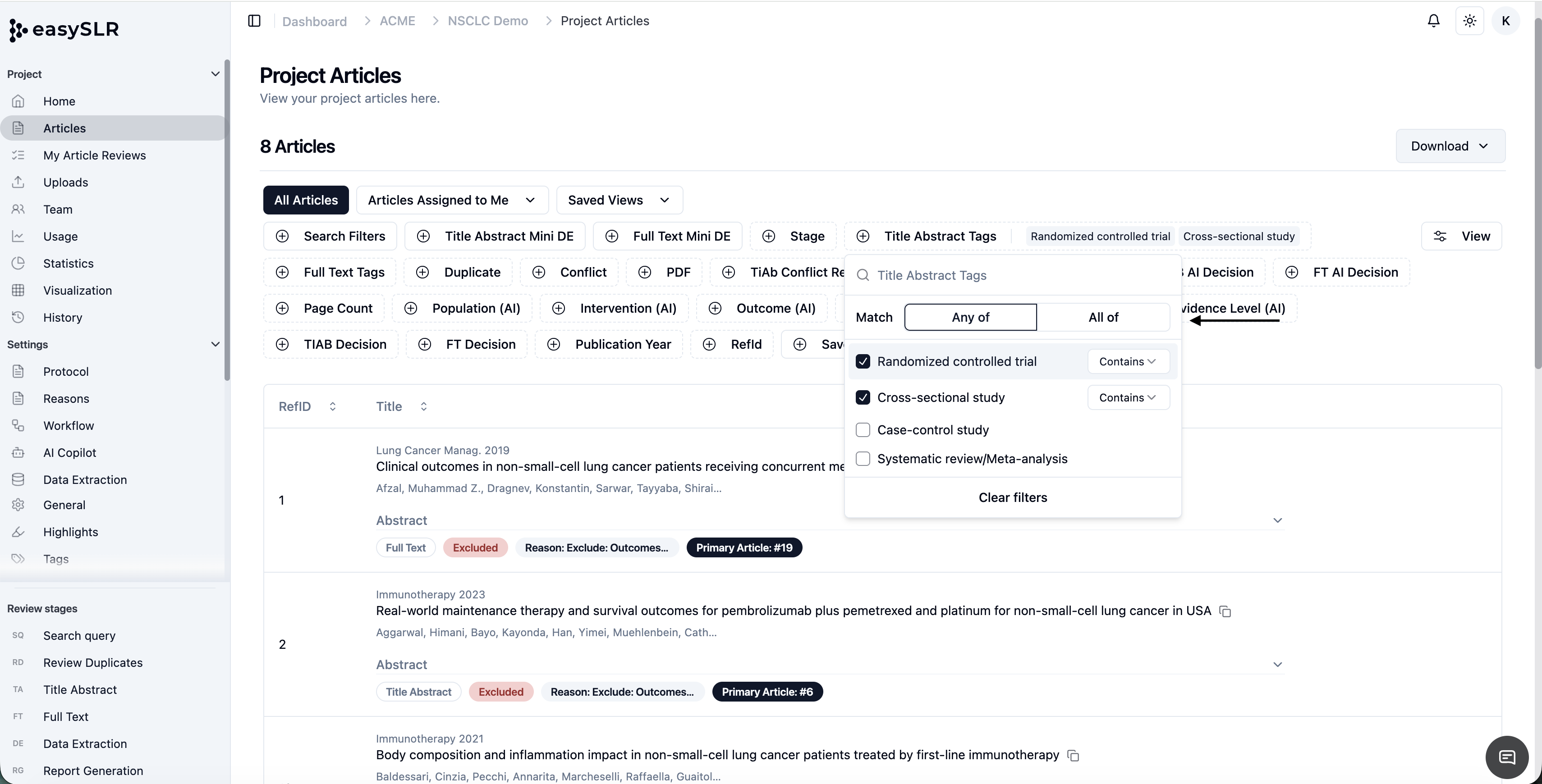 EasySLR tag filter modal using OR mode to match study categories in Project Articles