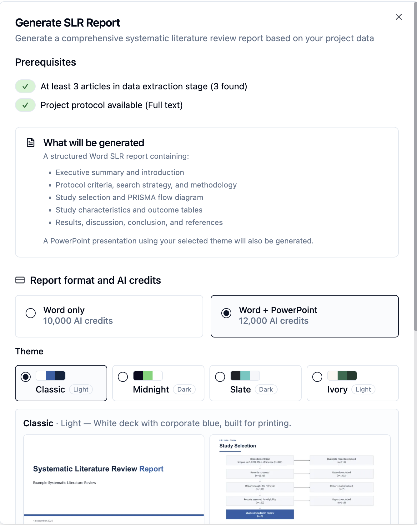 Generate SLR report modal showing prerequisites, report structure, and Word plus PowerPoint options