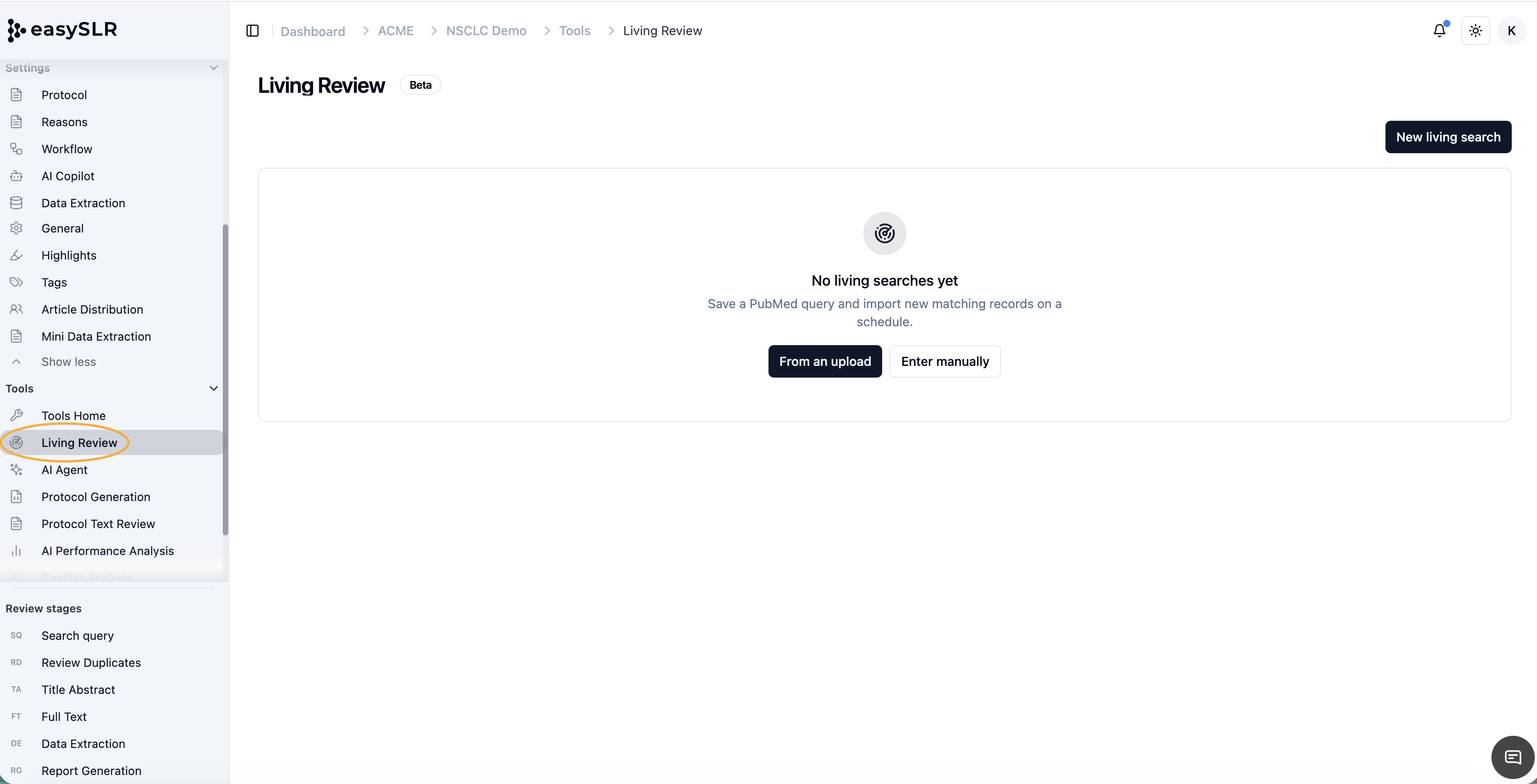 easySLR Living Review tool screen with “No living searches yet” message