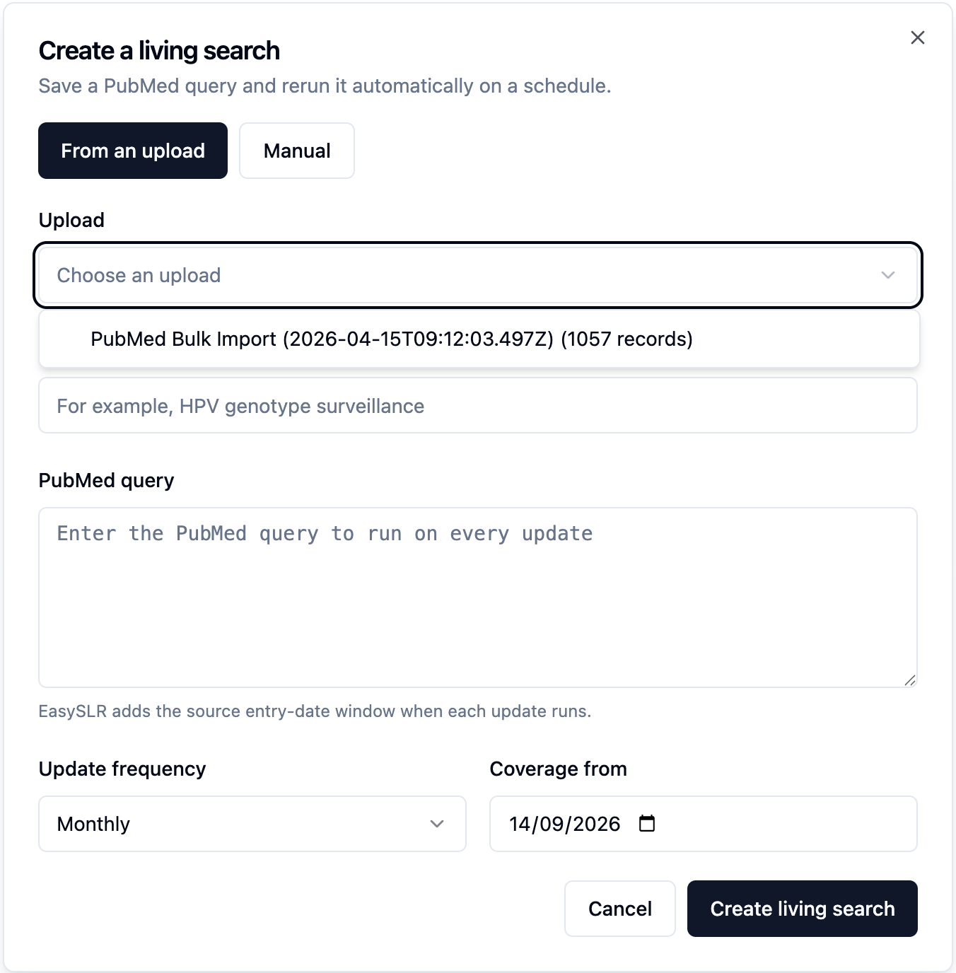 EasySLR “Create a living search” form for scheduling automatic PubMed query updates