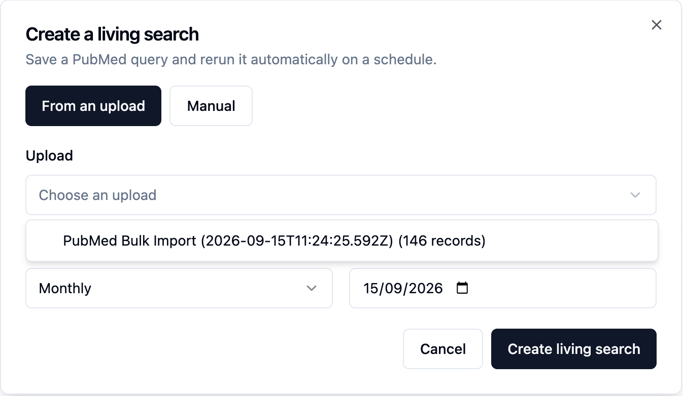 Living search setup form in EasySLR with PubMed bulk import, schedule, and create button