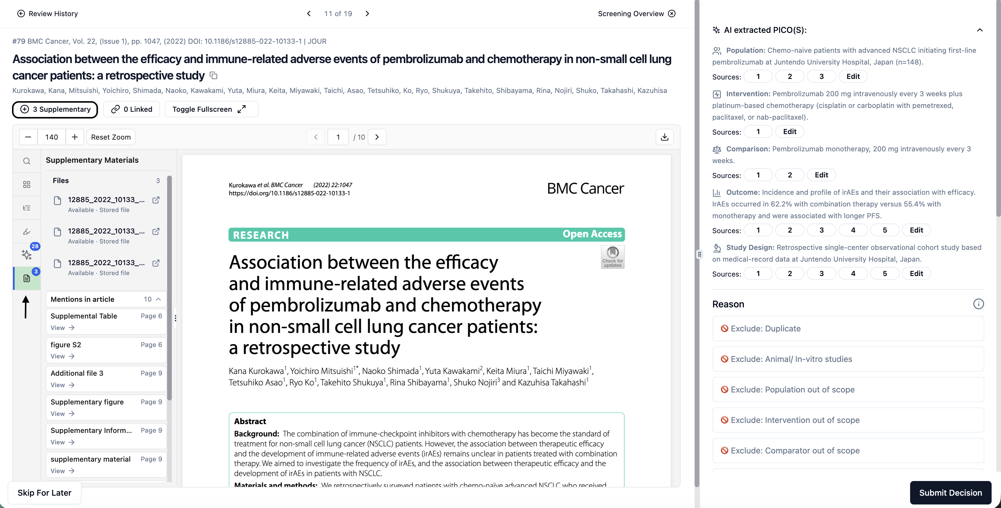 Screenshot of BMC Cancer article page and supplemental materials list in automated discovery workflow