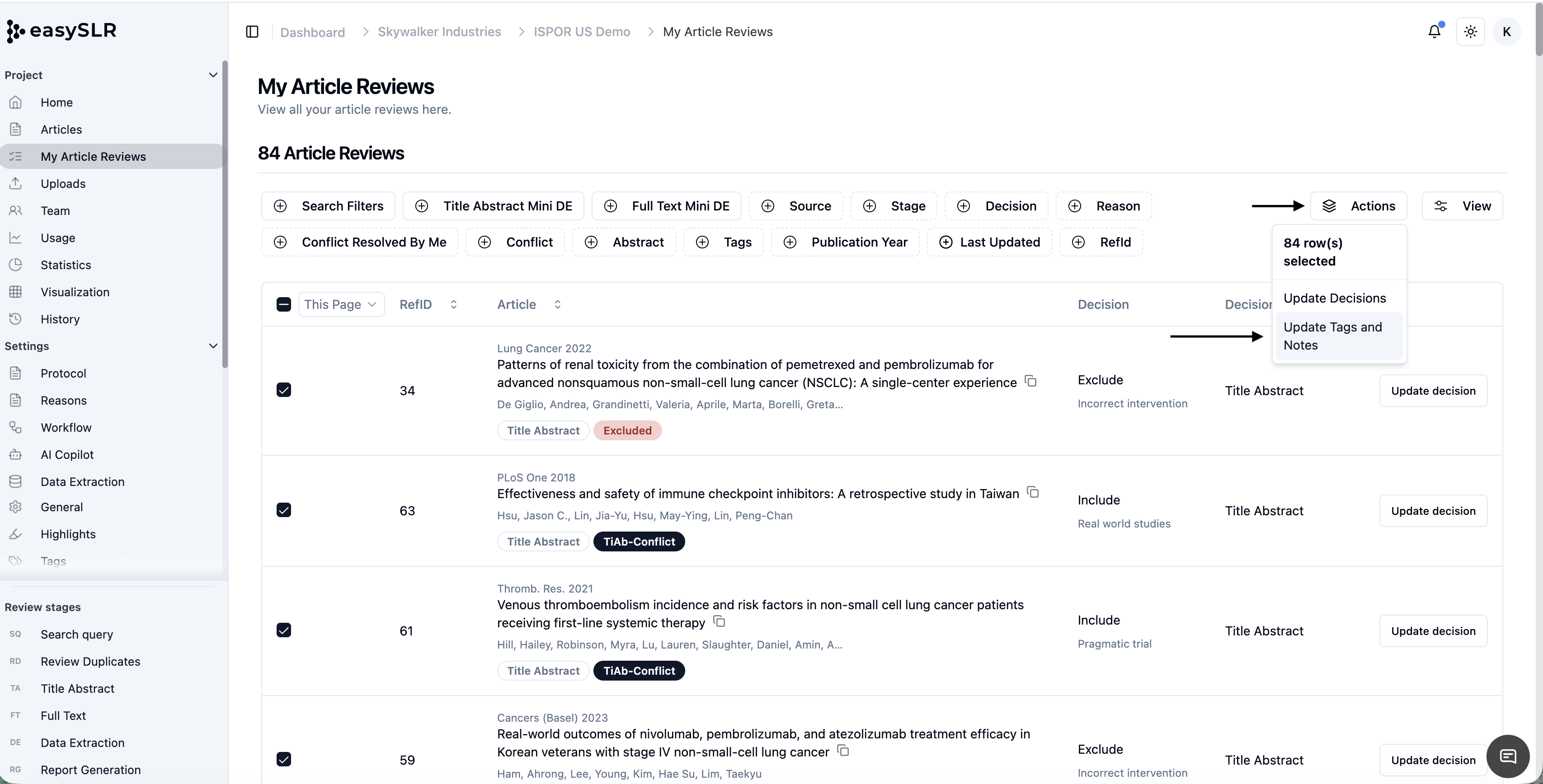 EasySLR “Actions” menu showing bulk updates for notes and tags in My Article Reviews