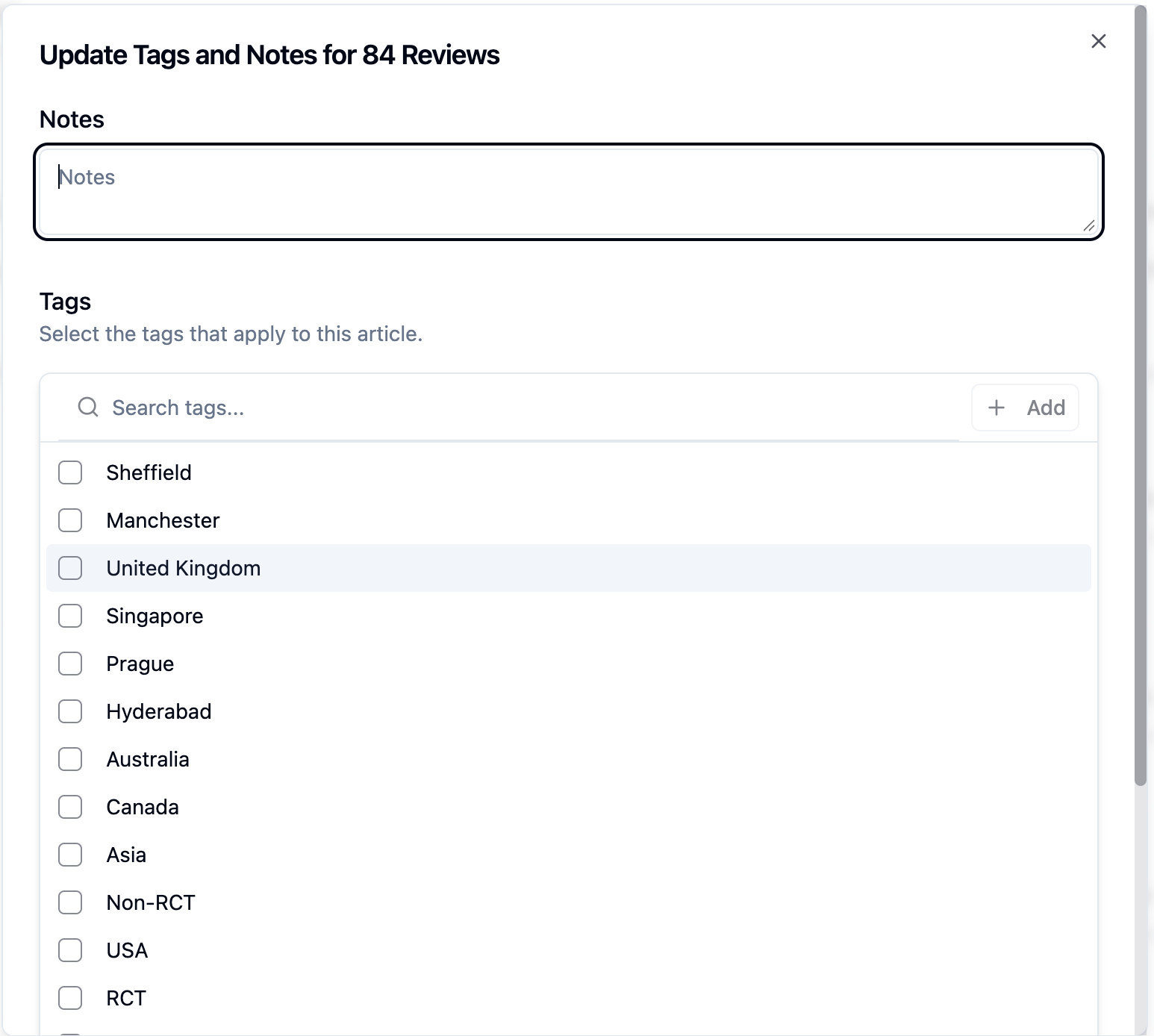 Screenshot of notes and tags update form with selected tags list for reviews
