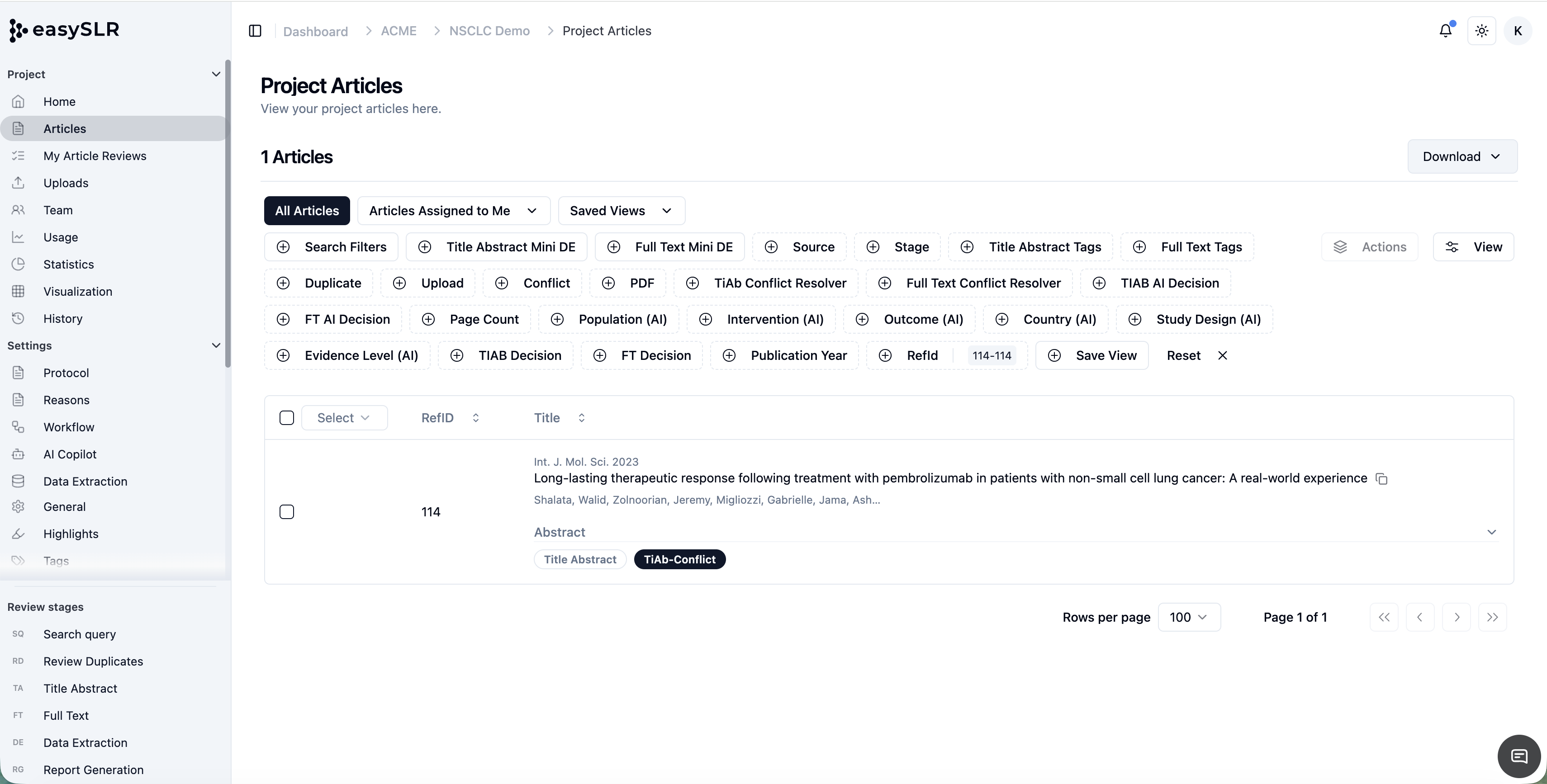 Screenshot of easySLR project articles page with decision and conflict filters