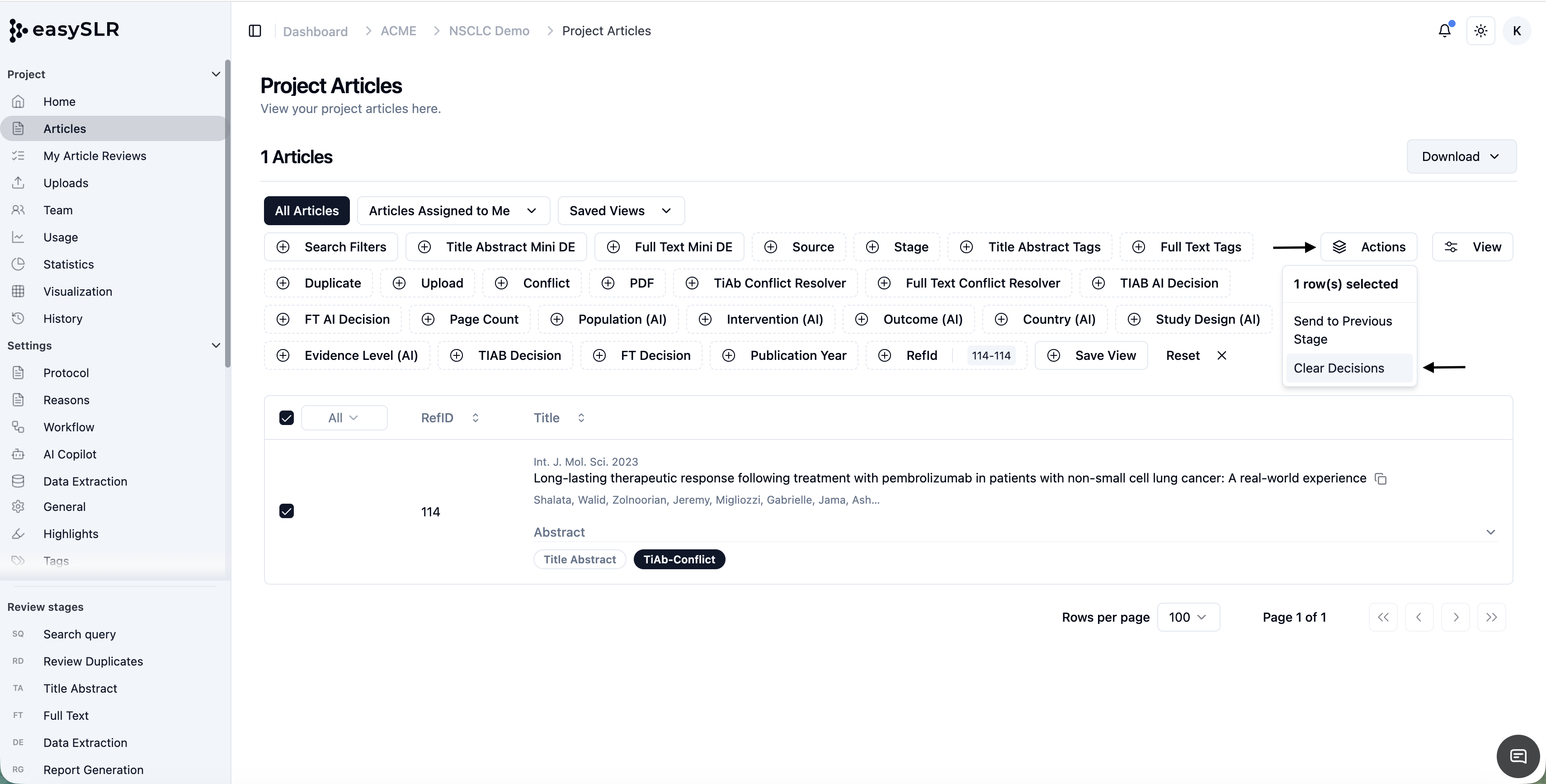 easySLR project articles page with “Clear Decisions” action dropdown
