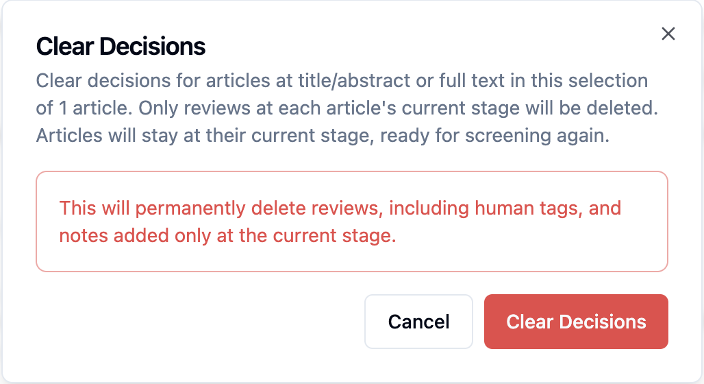 Clear Decisions modal showing cancel and clear decision buttons for re-review articles