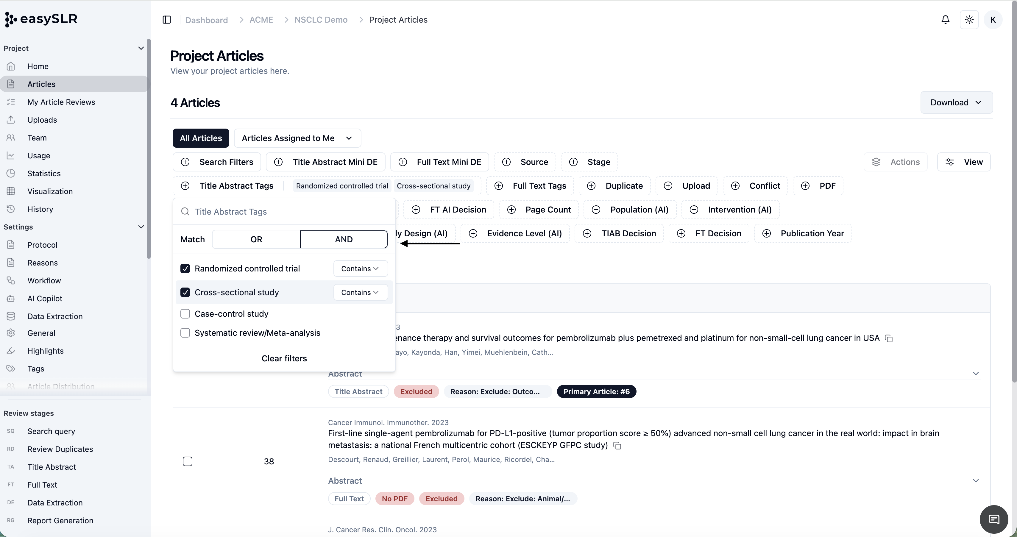EasySR project articles filter modal showing AND/OR logic for tag matching