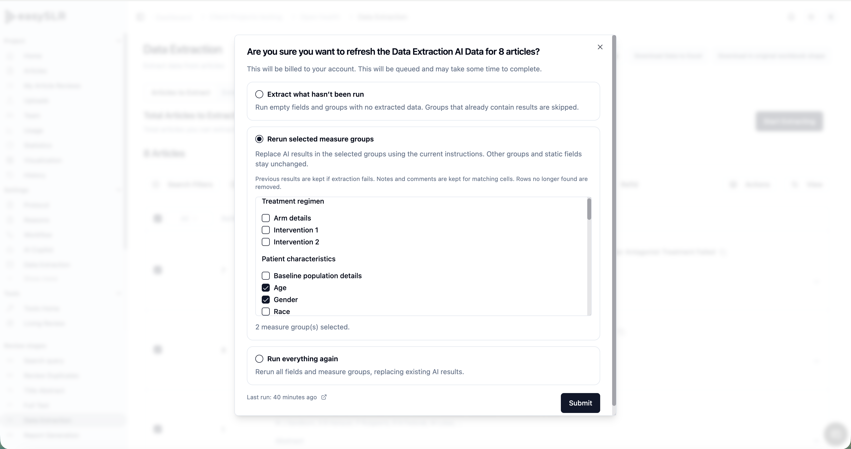 Confirmation dialog to rerun selected AI measure groups and replace existing extraction results