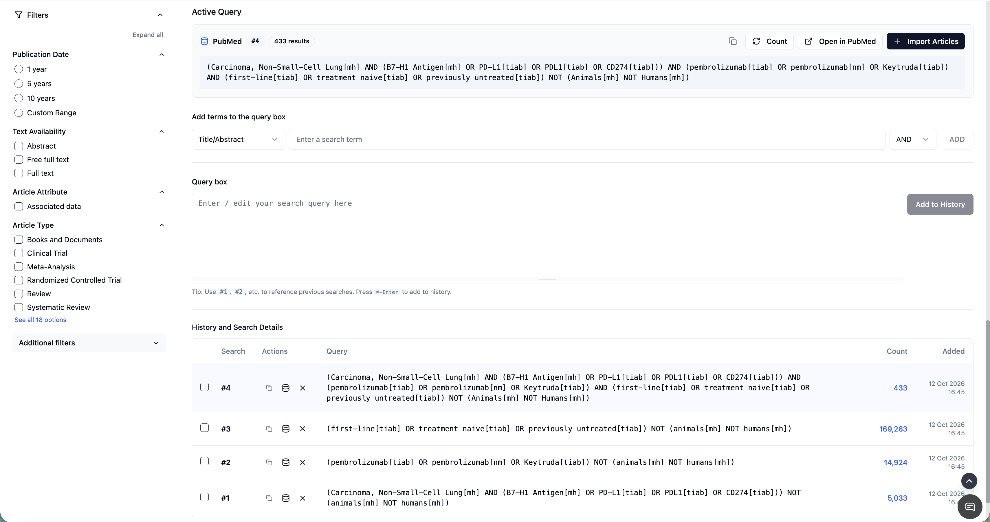 Screenshot of PubMed search query builder showing split PICOS elements and active query results