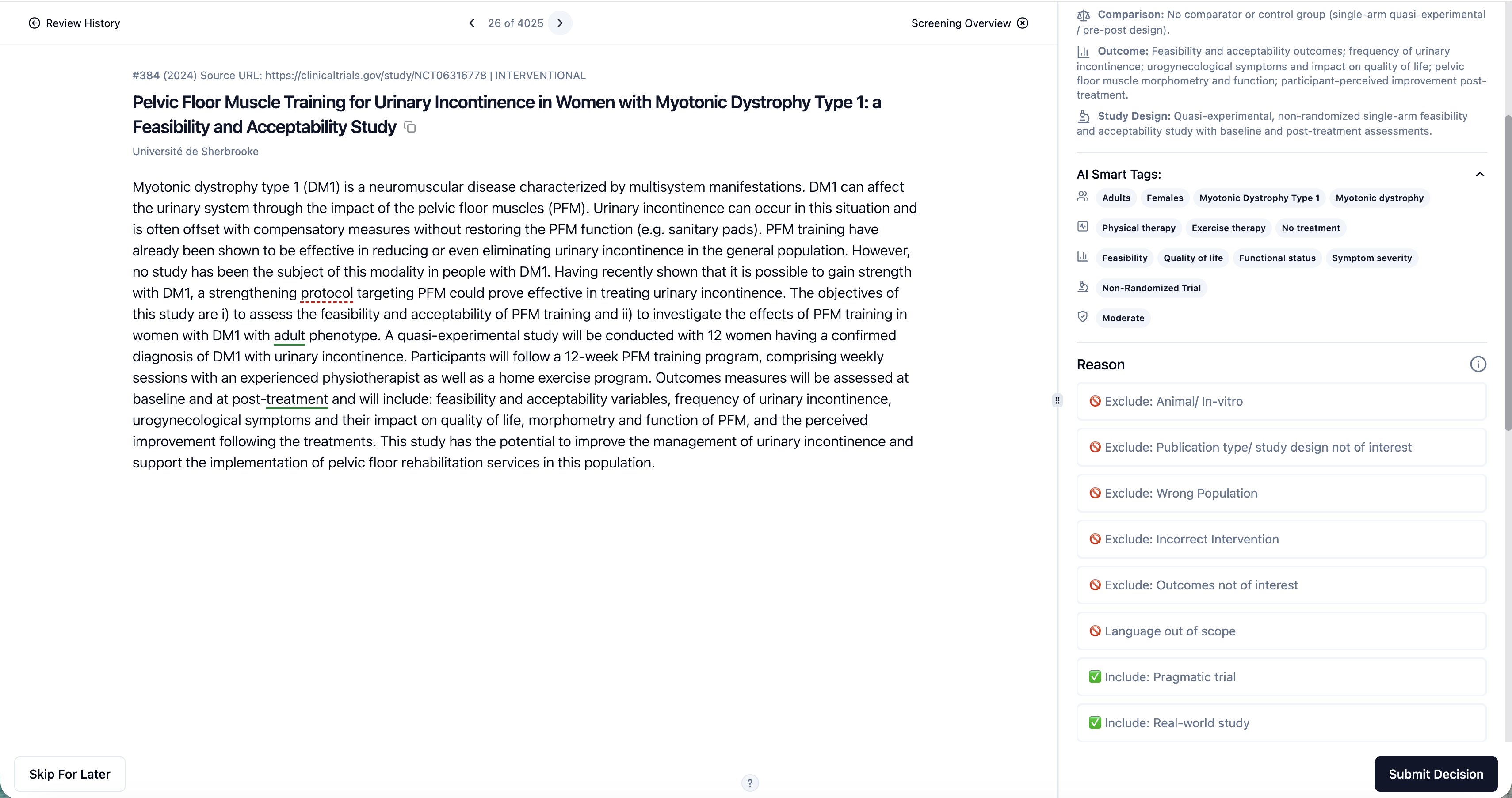 Screenshot of evidence map review screen for pelvic floor muscle training feasibility study
