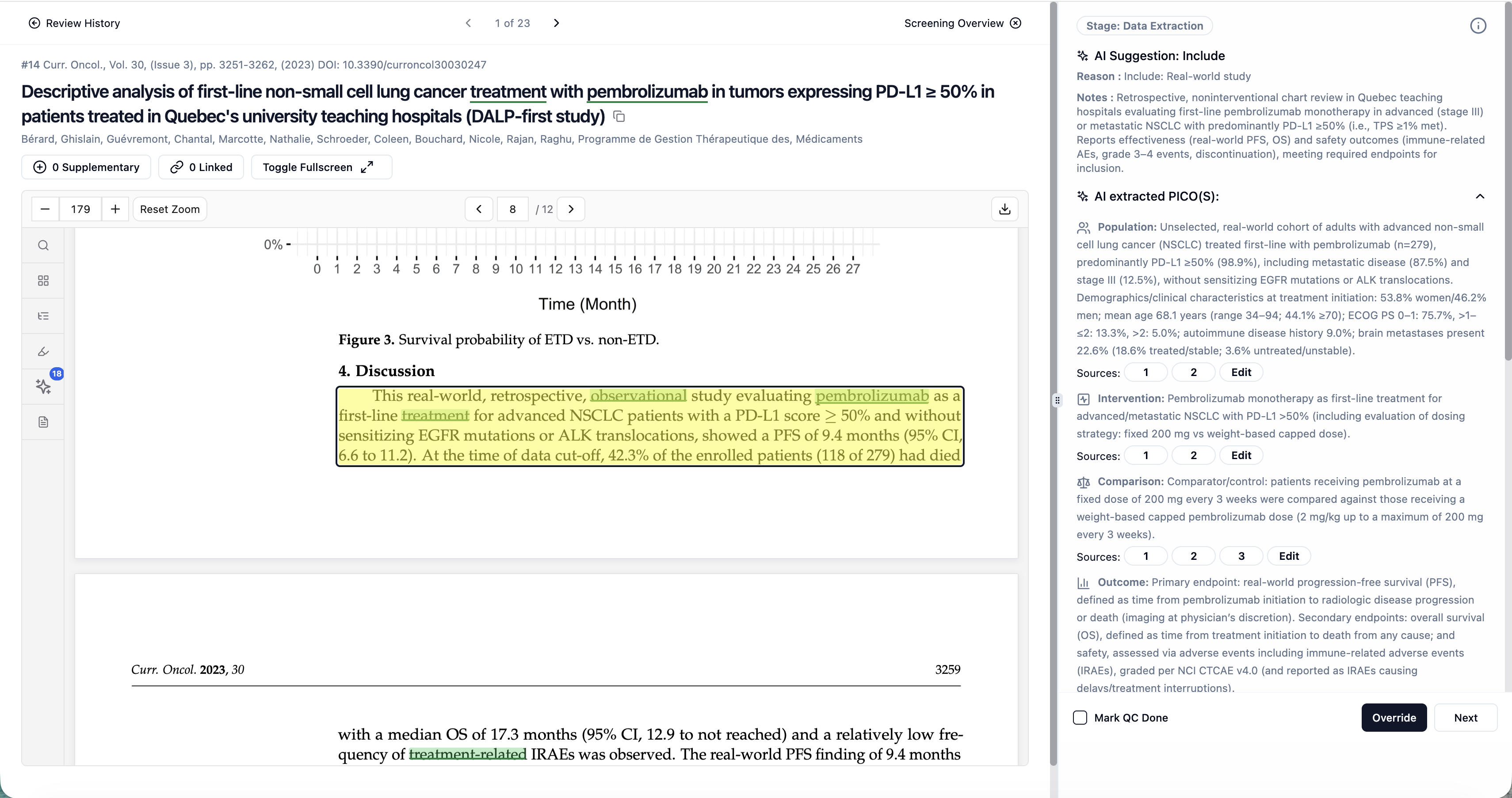 Screenshot of highlighted PDF discussion on PD-L1 50% pembrolizumab treatment survival probability