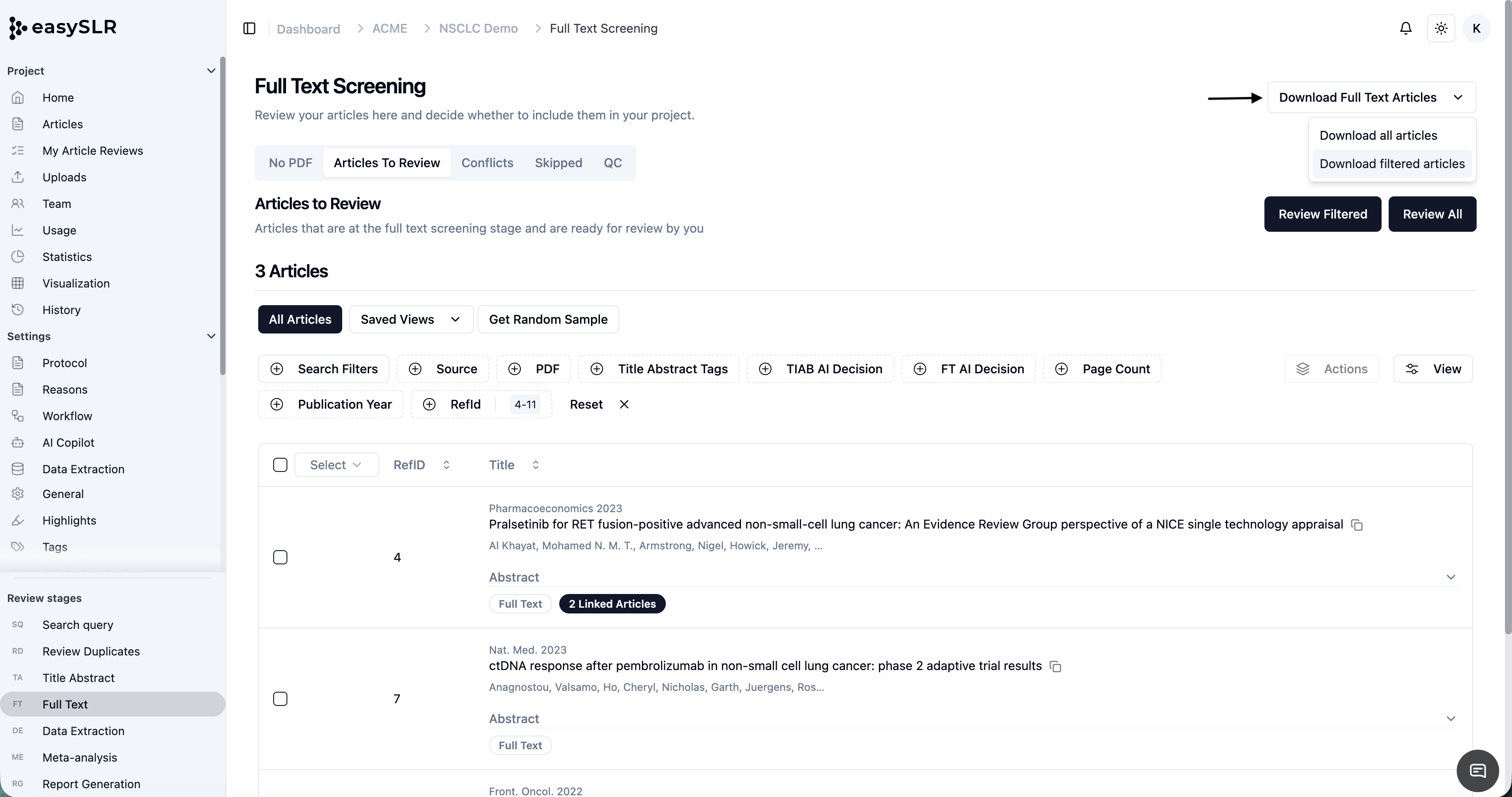 EasySR full-text screening page with article list and filtered download options