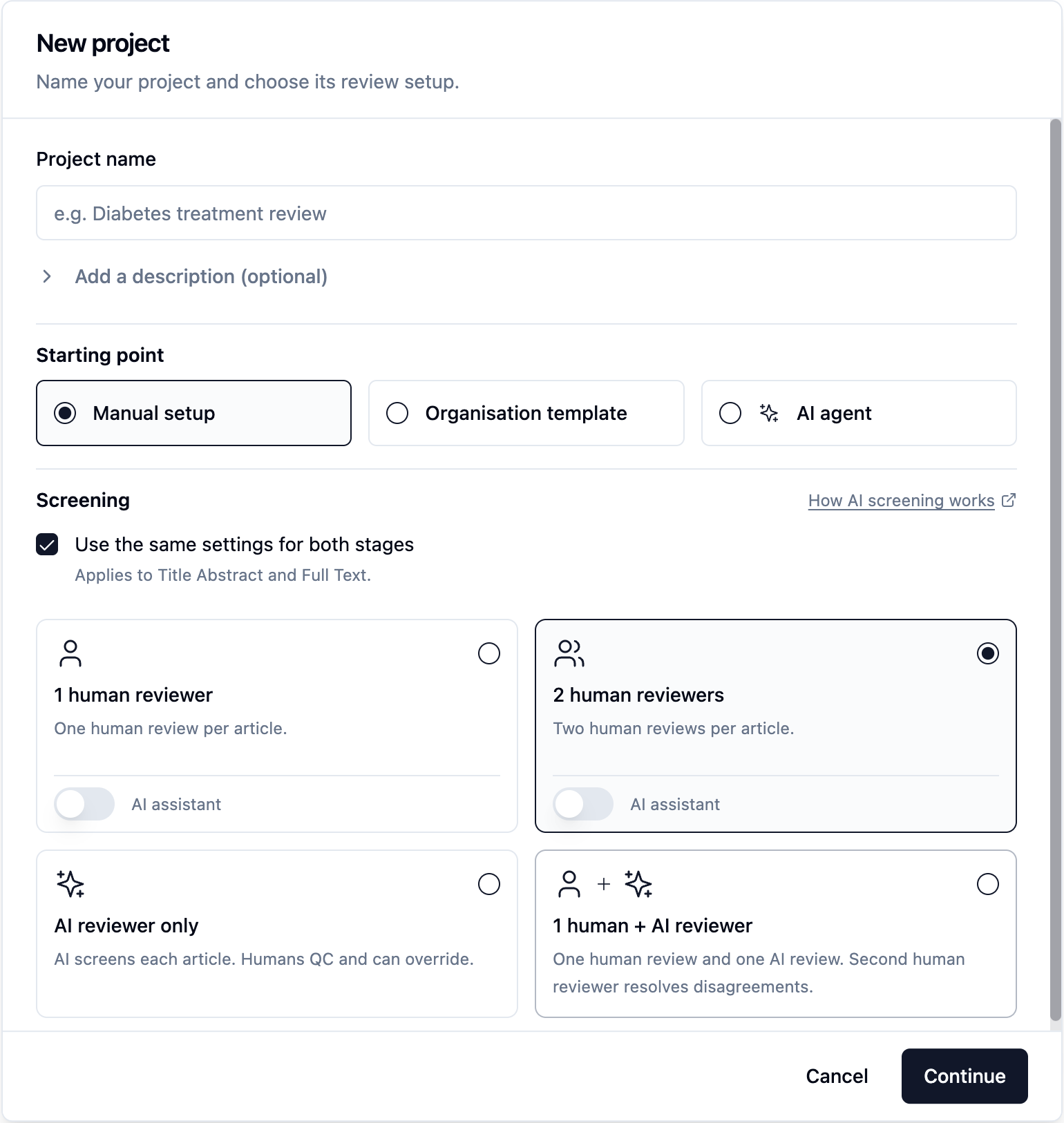 New project setup screen with manual setup, templates, and AI agent review options