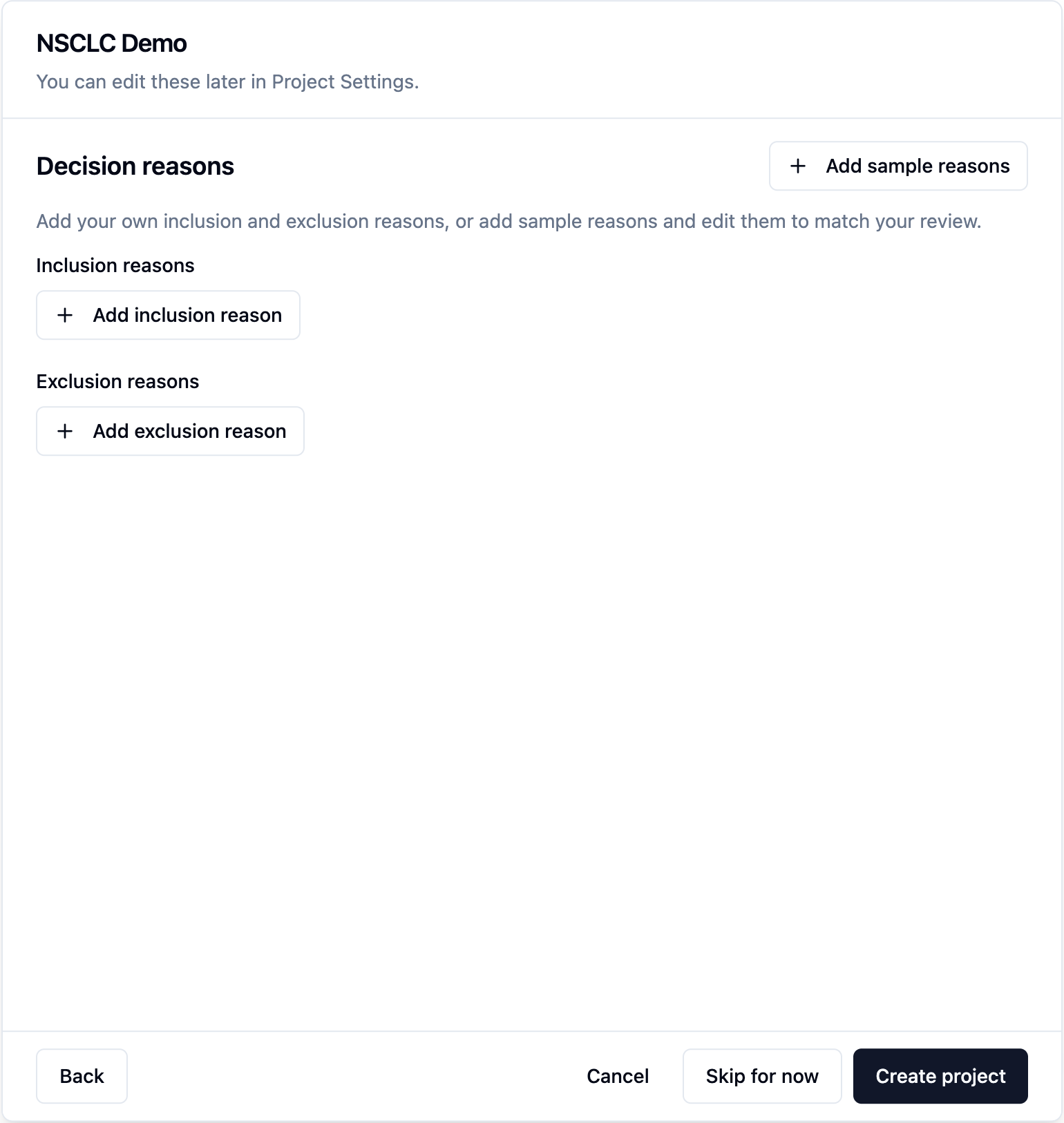 Screenshot of decision reasons form with inclusion and exclusion reason fields in project setup