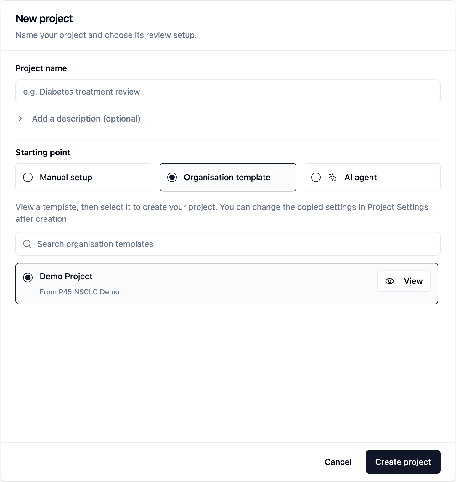 New project setup page with selectable organisation template and AI agent options