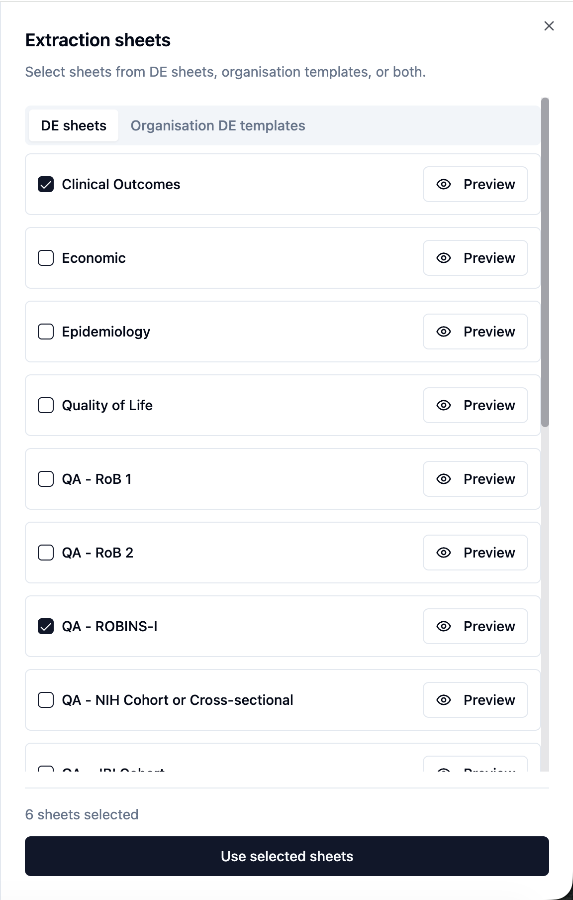 Extraction sheets selection dialog with DE sheet templates and preview options