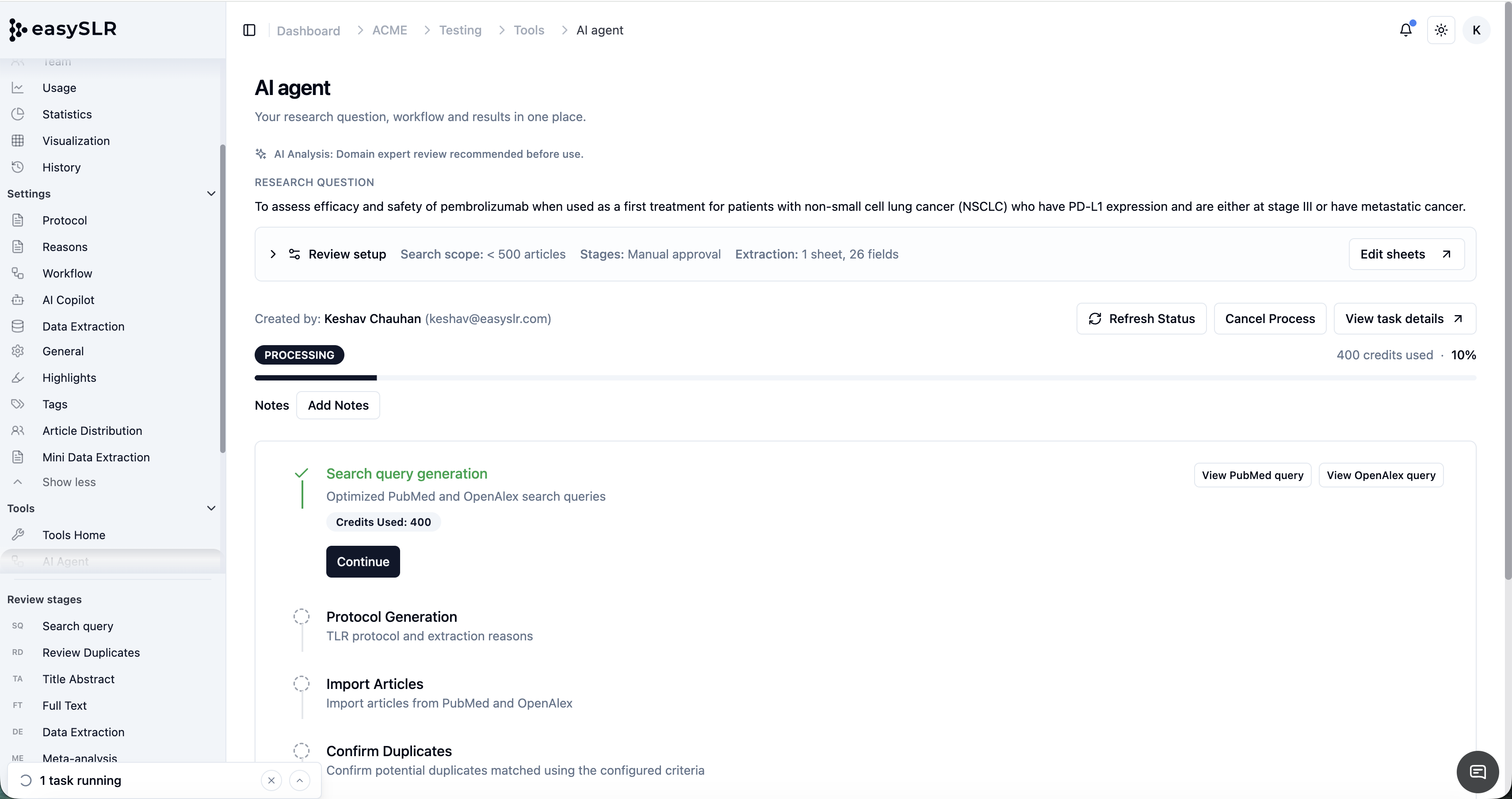EasySR AI Agent workspace showing search, extraction steps, and protocol workflow dashboard