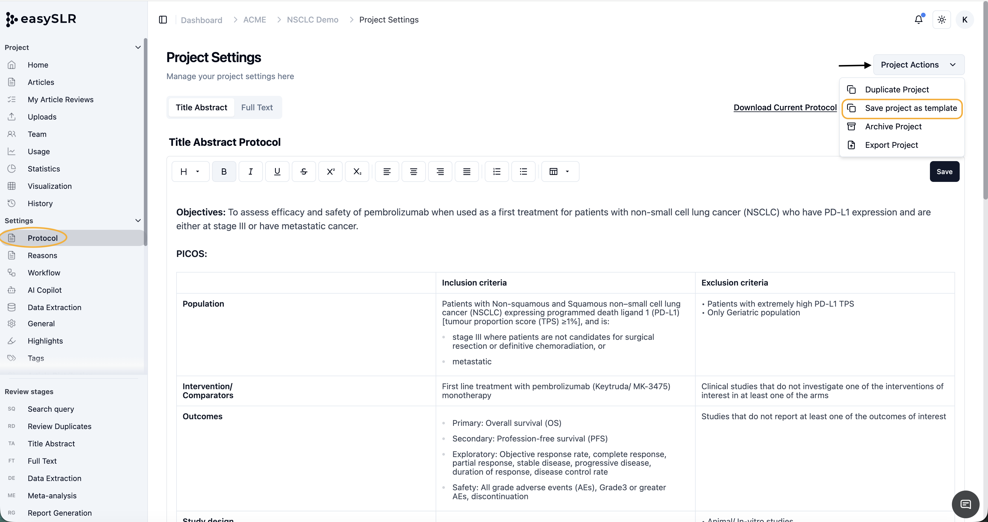 EasySLR project settings page showing “Save project as template” action menu