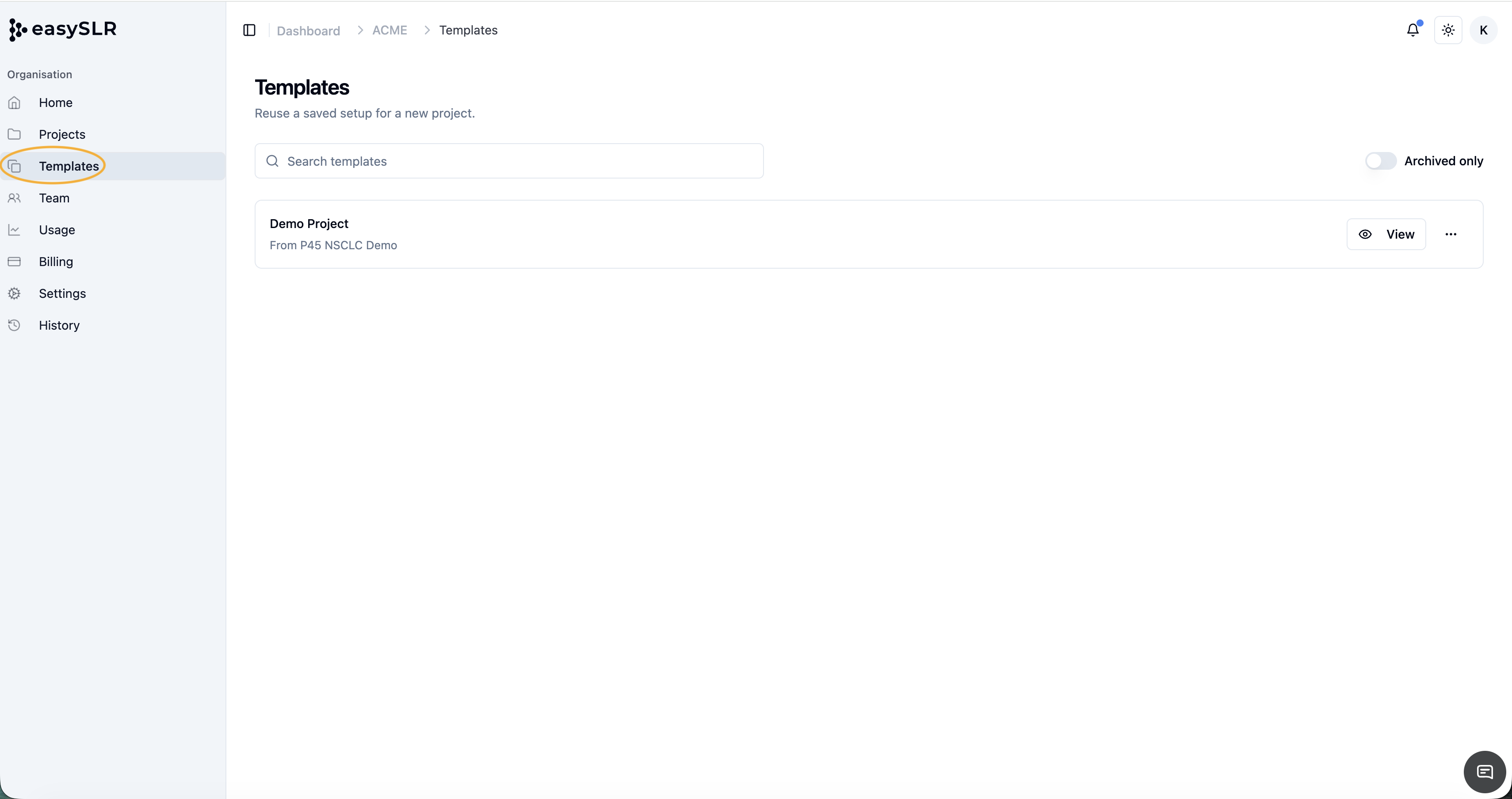 EasySLR Templates page showing search bar and reusable Demo Project setup