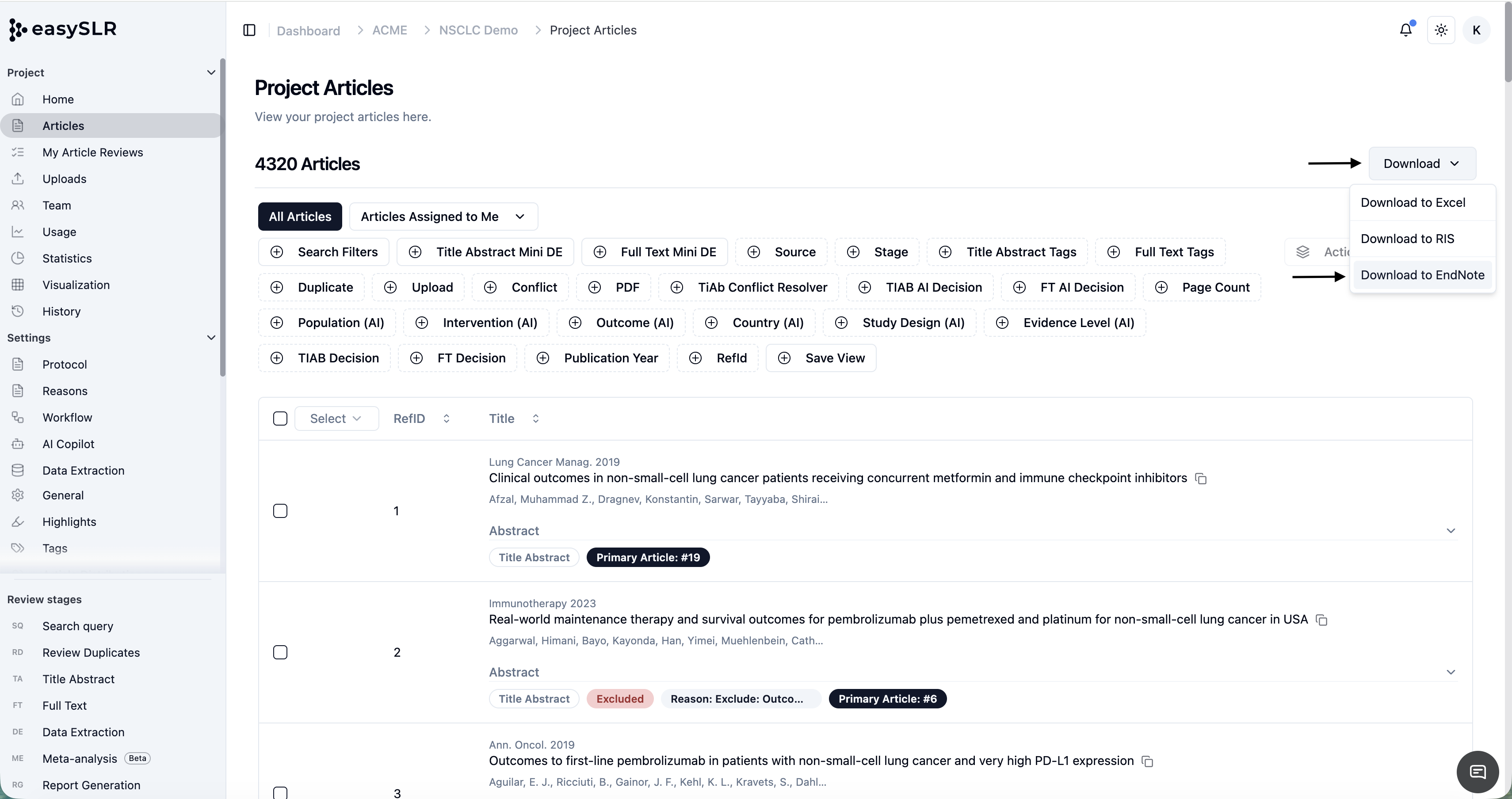 EasySLR Project Articles screen showing export options for EndNote, RIS, and Excel downloads