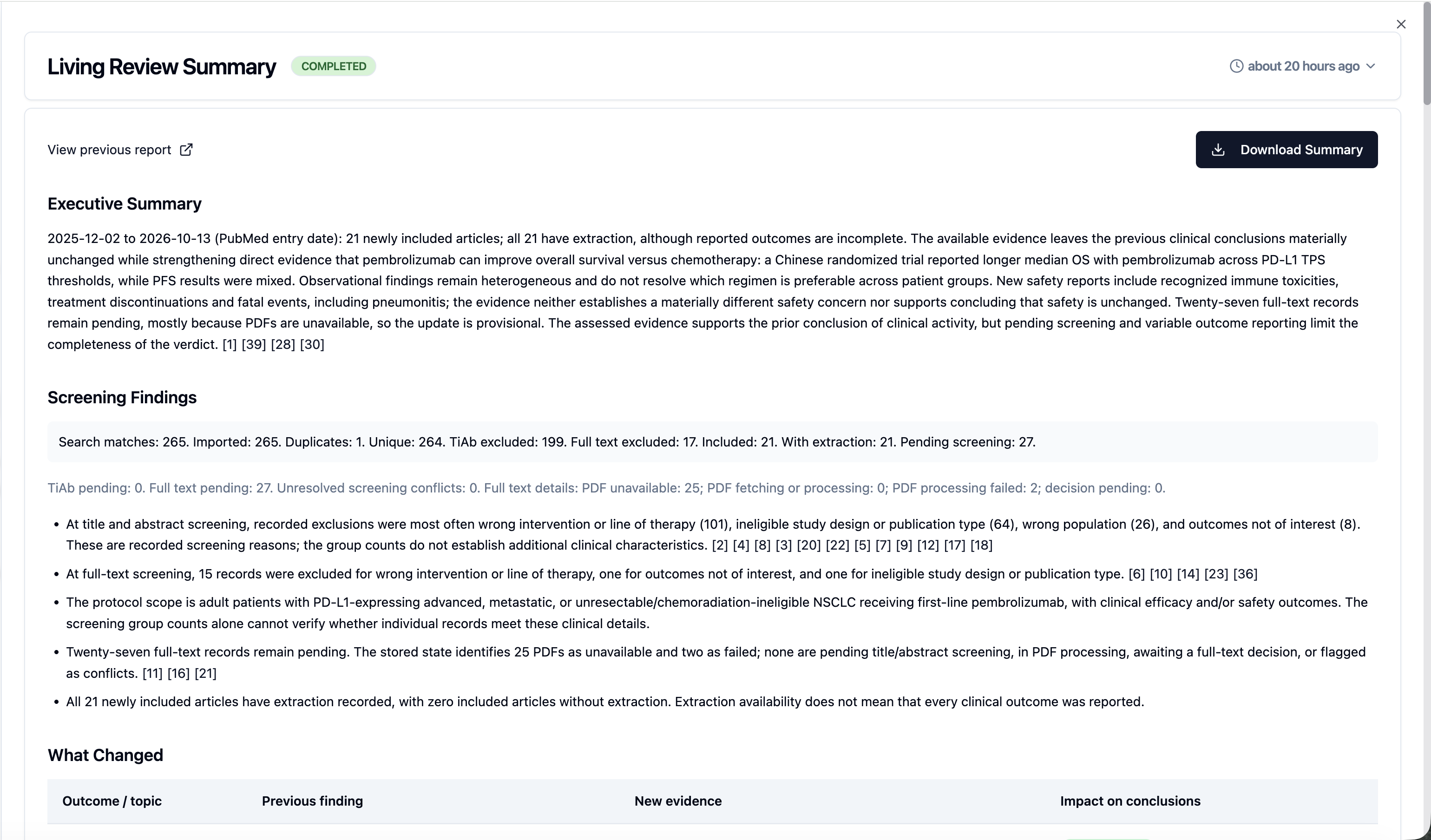 Living Review Summary page showing completed status and executive summary text counts