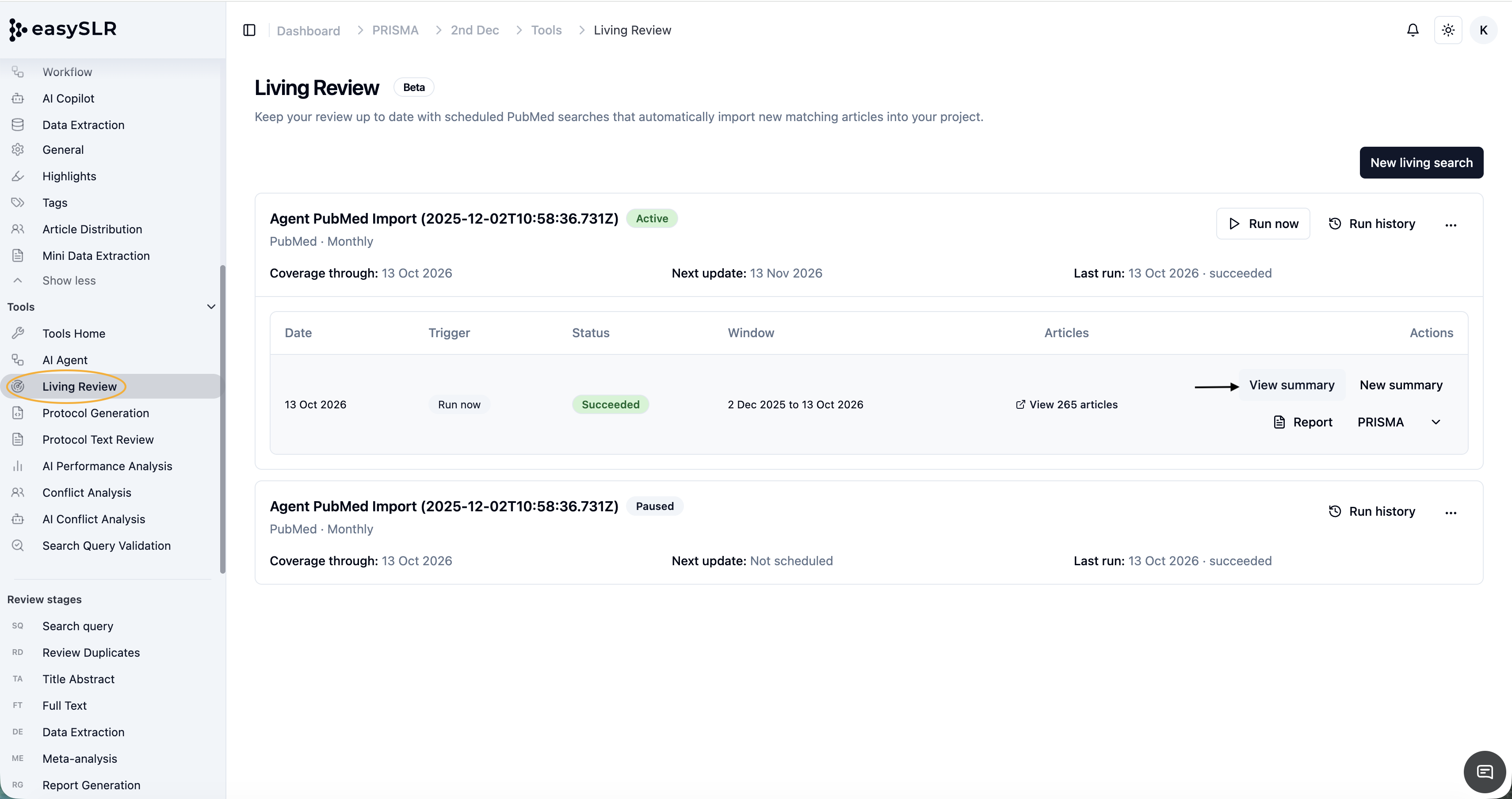 easySLR Living Review dashboard showing active PubMed import and summary actions