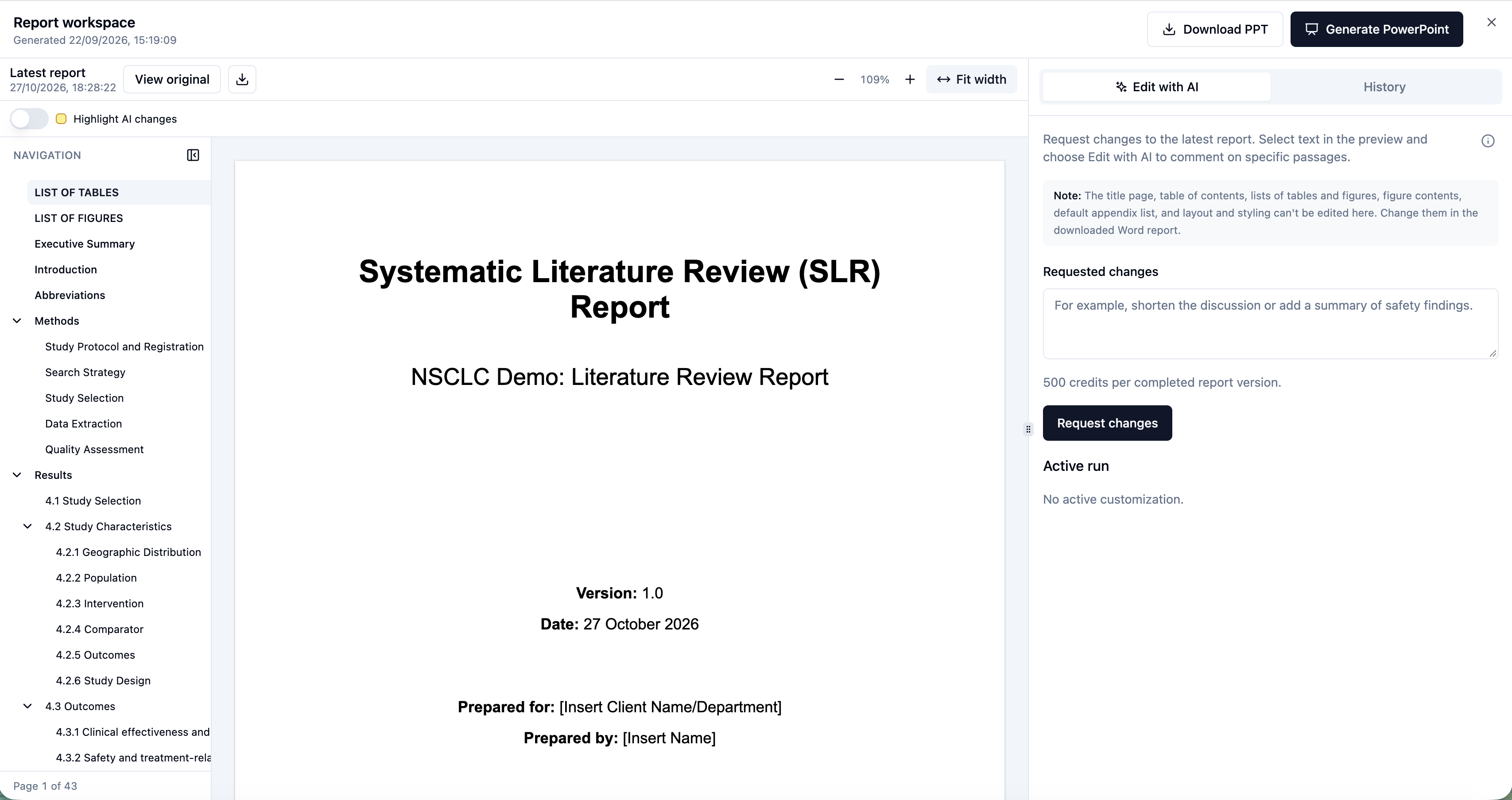 Report workspace interface showing an SLR report title page and AI editing controls