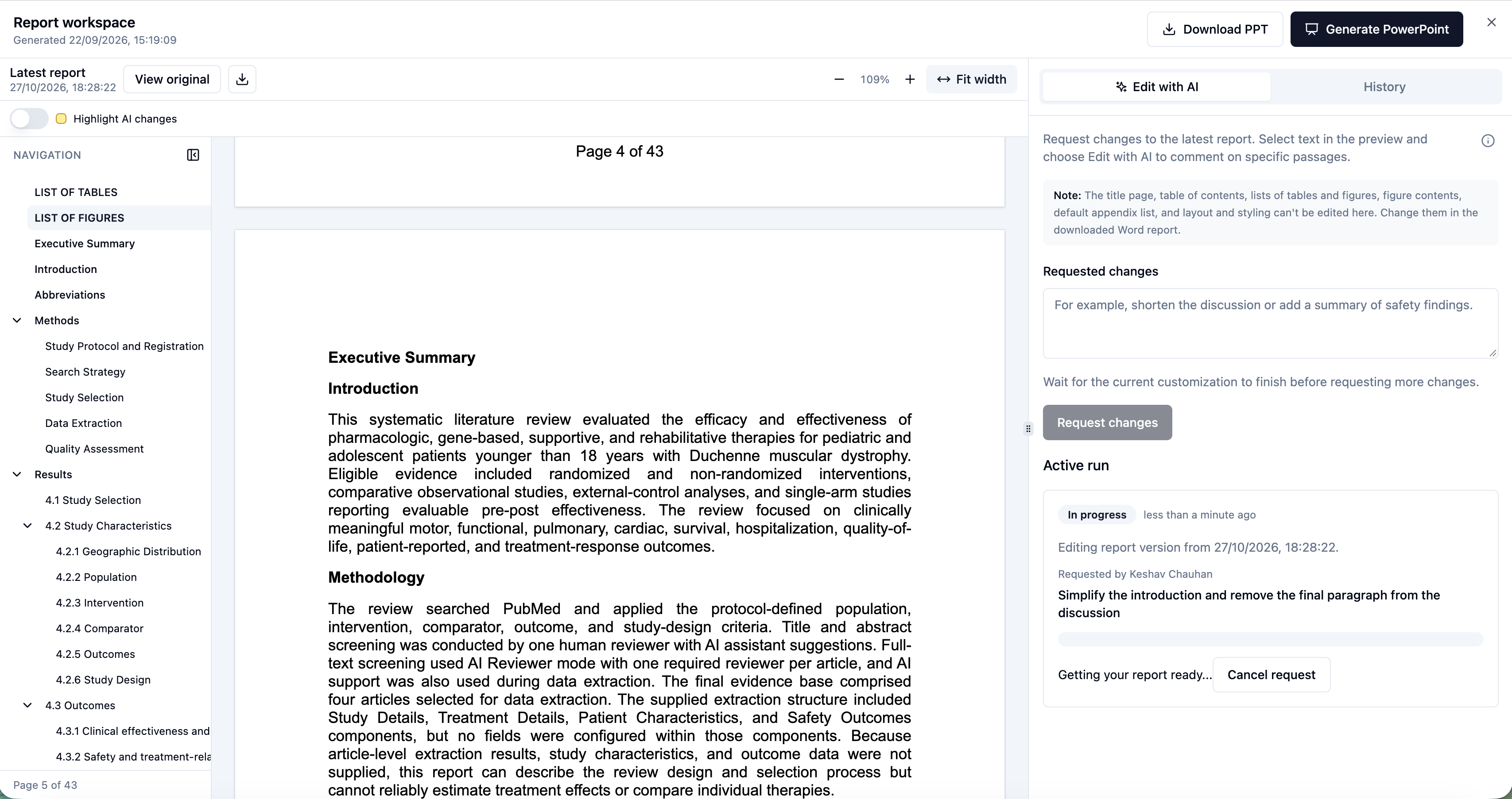Report workspace showing editing with AI on a document page