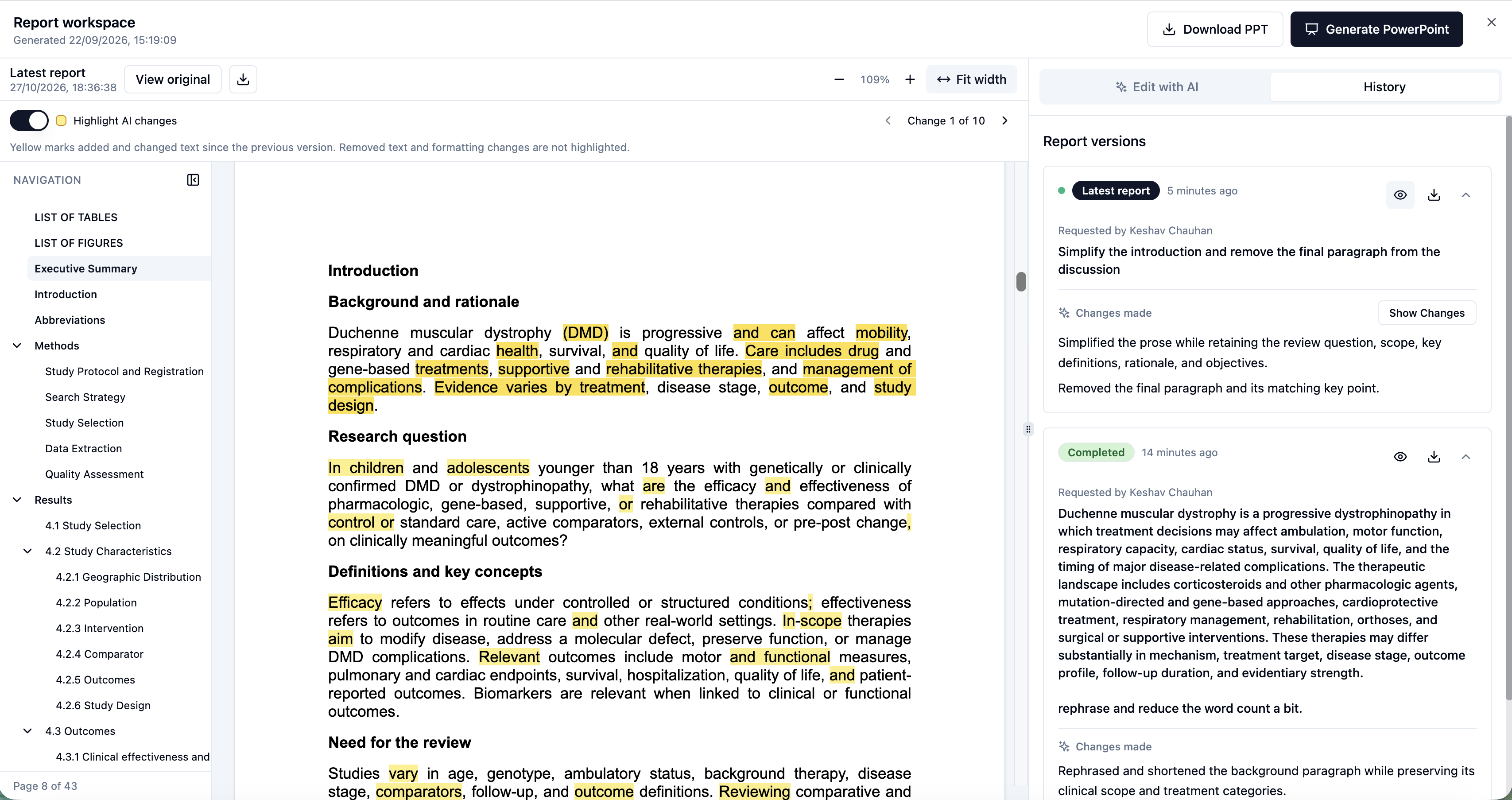 Report workspace showing AI-assisted text changes and version history panel with highlighted edits